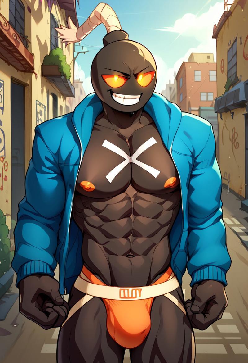 abs ai_generated biceps black_body blush friday_night_funkin gay glowing_eyes jacket jockstrap jockstrap_only looking_at_viewer male male_only muscular muscular_male orange_eyes smile toned_body toned_male twall97 whitty_(friday_night_funkin)