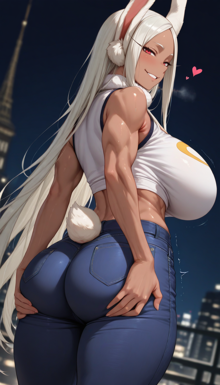 1girl ai_generated ass dark-skinned_female female_only grabbing_own_ass icecrown jeans mirko my_hero_academia rabbit_ears rabbit_girl rabbit_tail red_eyes