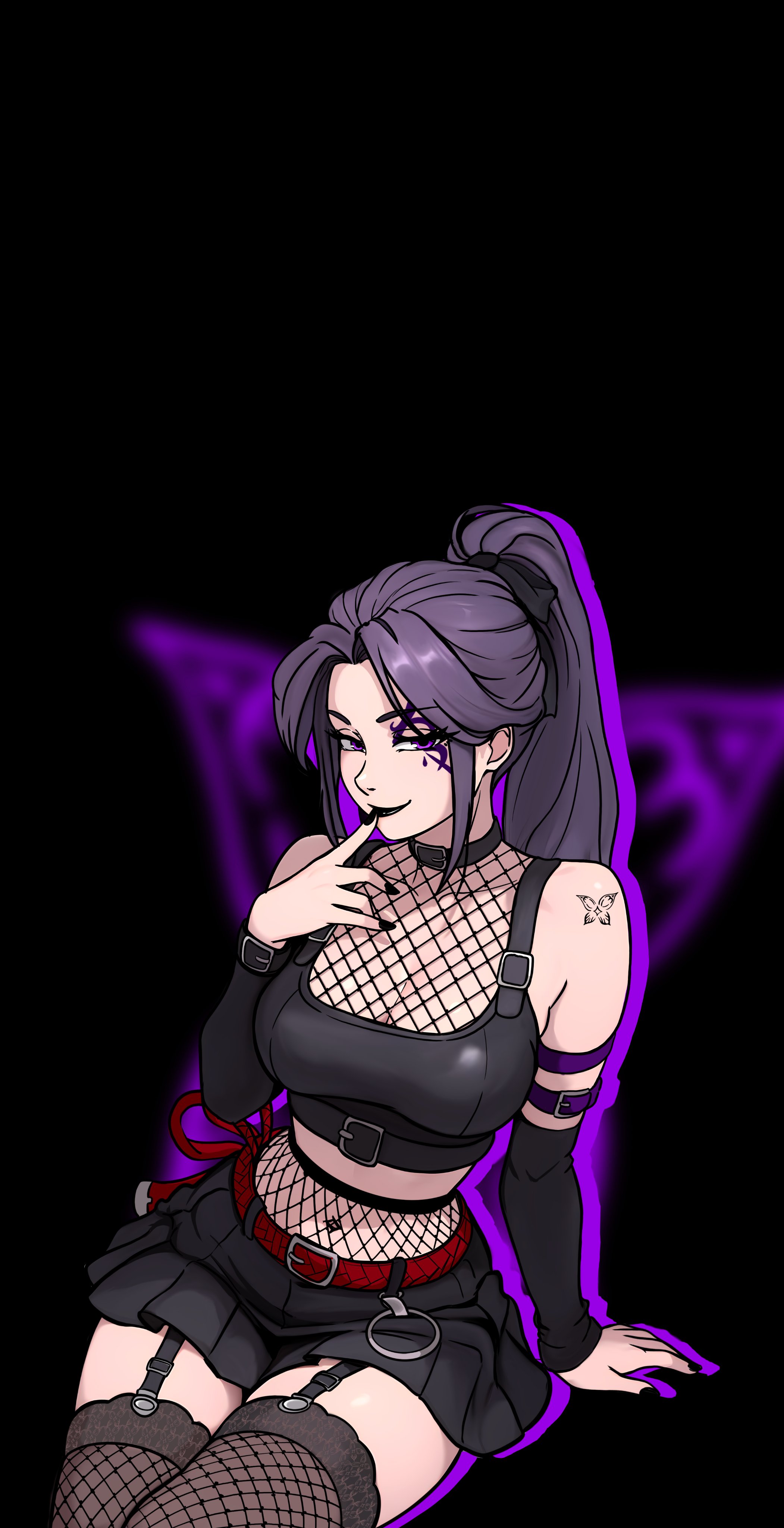 1girls, absurd res, ai generated, alternate costume, alternate version available, big breasts, black lips, black lipstick, black nails, breasts, cleavage, clothed, clothed female, collar, female, female focus, female only, fishnets, fully clothed, goth, goth girl, hi res, light skin, light-skinned female, lipstick, looking at viewer, makeup, marvel, marvel comics, marvel rivals, midriff baring shirt, miniskirt, nail polish, painted fingernails, painted nails, ponytail, psylocke, psylocke (sai), purple hair, redpostit, revealing clothes, skirt, stockings, thick thighs, thighhighs, x-men