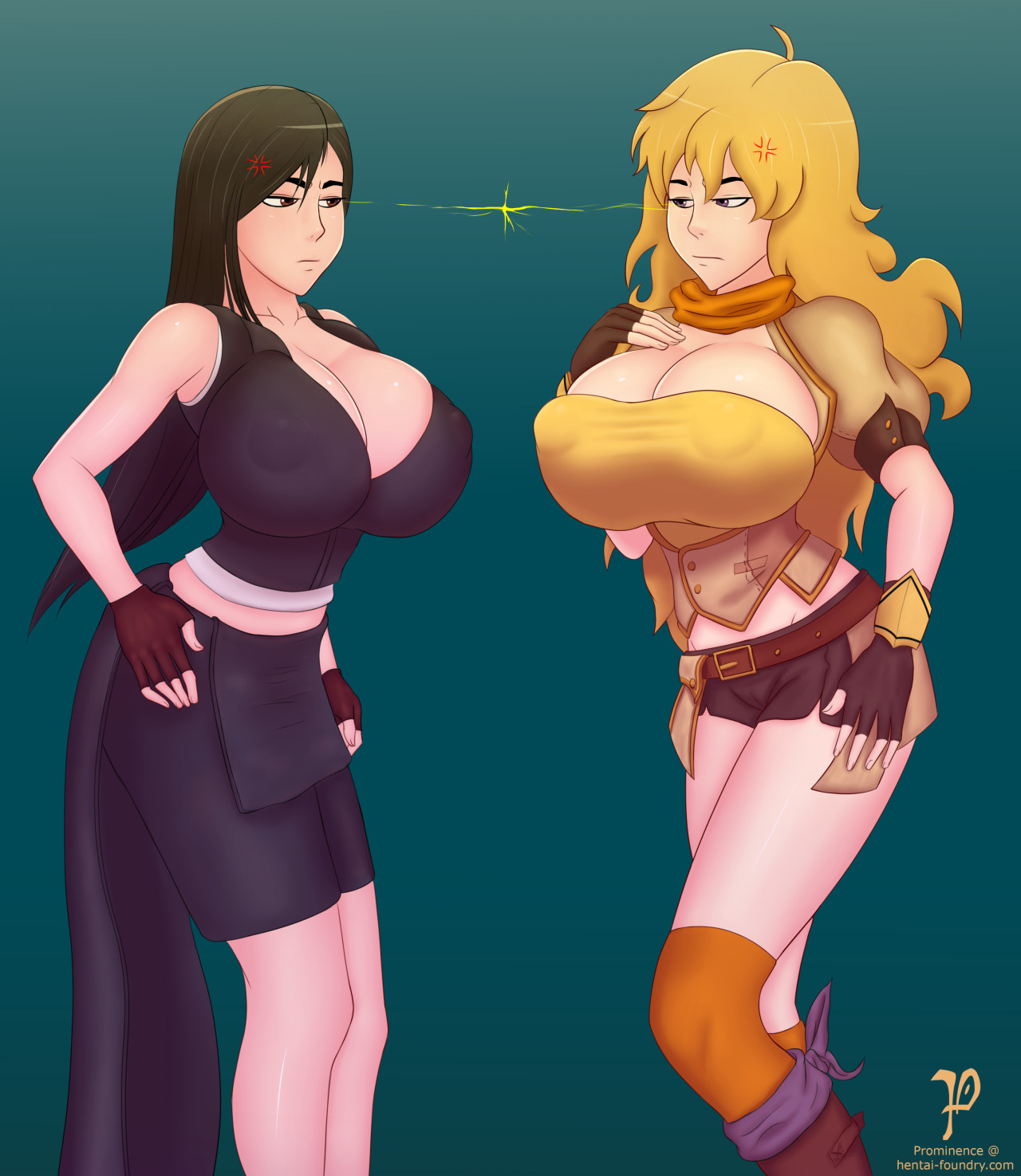2girls, big breasts, blonde hair, breasts, brown hair, catfight, cleavage, death battle, eye contact, female, female only, final fantasy, final fantasy vii, huge breasts, large breasts, long hair, multiple females, multiple girls, prominence, rwby, staredown, tifa lockhart, yang xiao long