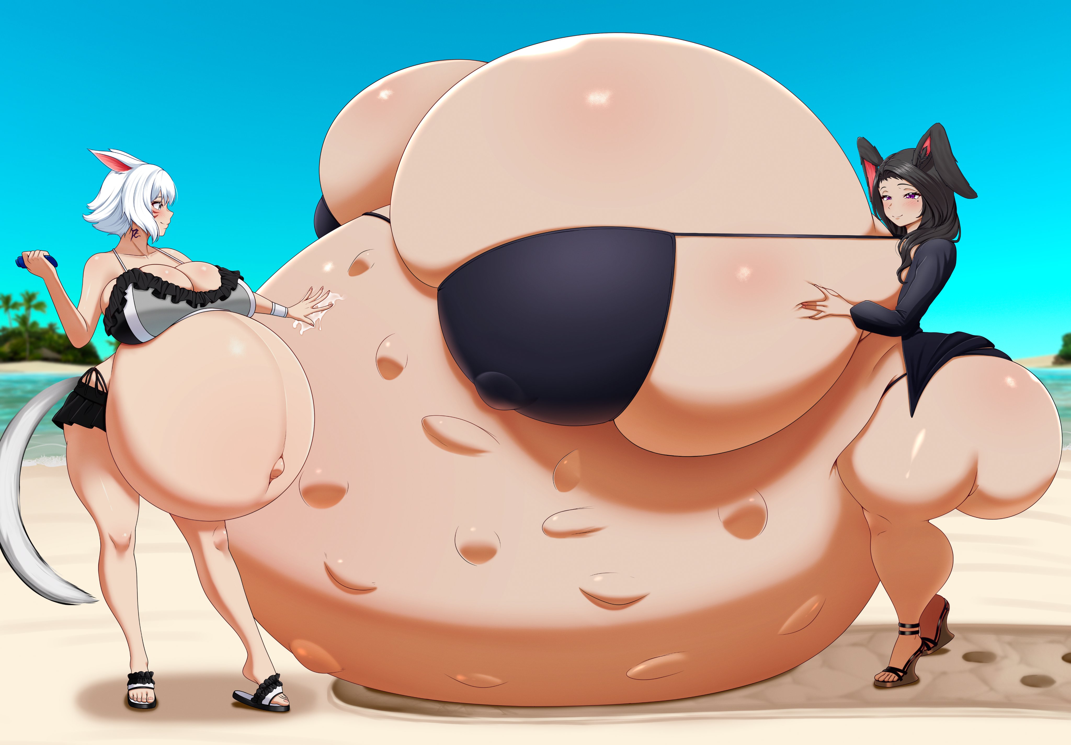 2girls, animal ears, ass, ass bigger than head, beach, belly bigger than body, belly bigger than head, belly on ground, big ass, big breasts, bikini, black hair, blush, blush lines, breasts, breasts bigger than head, breasts on belly, bunny ears, cleavage, commission, deep skin, eyebrows, eyelashes, female, female focus, female only, fetal movement, gigantic ass, gigantic breasts, grey eyes, hand on own breast, huge ass, huge breasts, hyper, hyper breasts, hyper pregnancy, kemonomimi, large ass, large breasts, looking at another, looking at viewer, massive breasts, medium hair, multiple pregnancies, nipple bulge, nipple outline, original, original character, outdoors, pregnant, pregnant female, purple eyes, ready to pop, round belly, skindentation, smile, someone else's oc, standing, timaeus, white hair