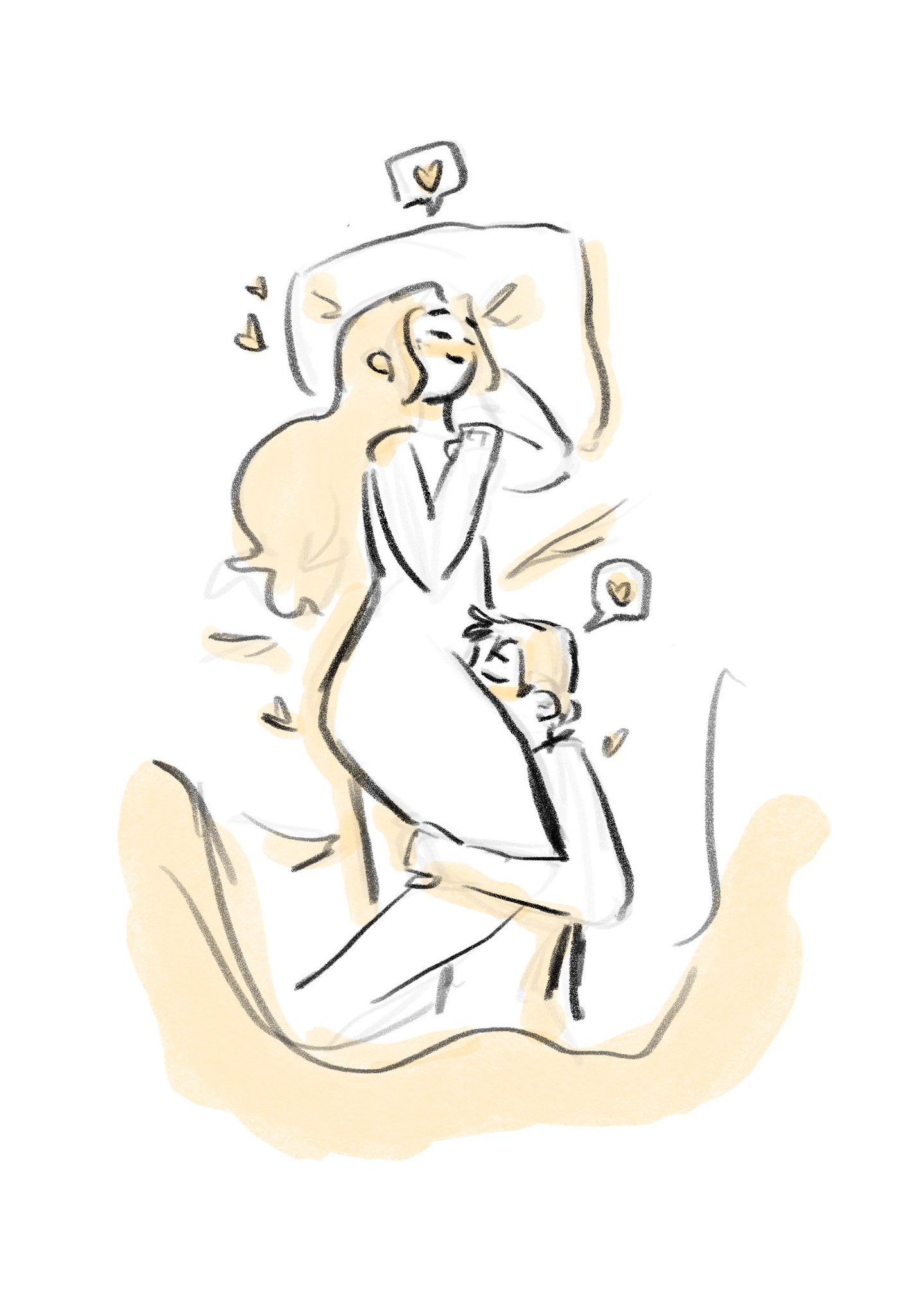1boy, 1girls, bed, completely nude, cunnilingus, faune, female, heart, heart symbol, male, nude, nude female, oral, oral sex, pillow, spoken heart, straight, wholesome