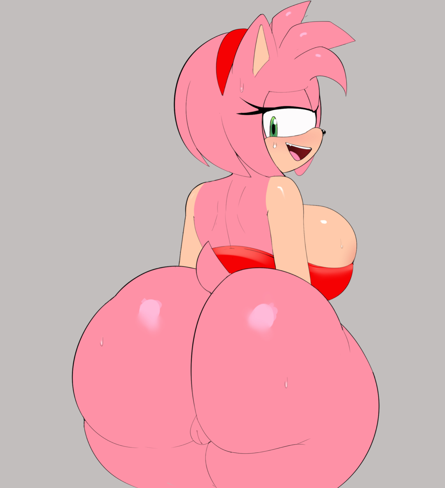 1girls, amy rose, ass, back view, behind view, big ass, big breasts, big butt, breasts, dat butt, fat ass, fat butt, female, female focus, female only, furry, furry female, furry only, g3mma, grey background, hedgehog girl, huge ass, huge butt, looking back, mobian, mobian (species), no panties, no underwear, overflowing breasts, pussy, sega, skindentation, smile, solo, solo female, sonic (series), sonic the hedgehog (series), standing, sweat, thick ass, vagina