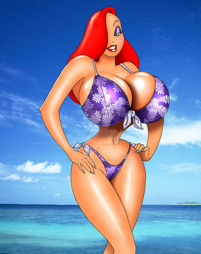 big_breasts bikini breasts_bigger_than_head curvy curvy_figure female female_focus female_only hands_on_hips huge_breasts human jessica_rabbit looking_at_viewer lowres makeup ospkt pinup red_hair slim_waist smiling thin_waist who_framed_roger_rabbit