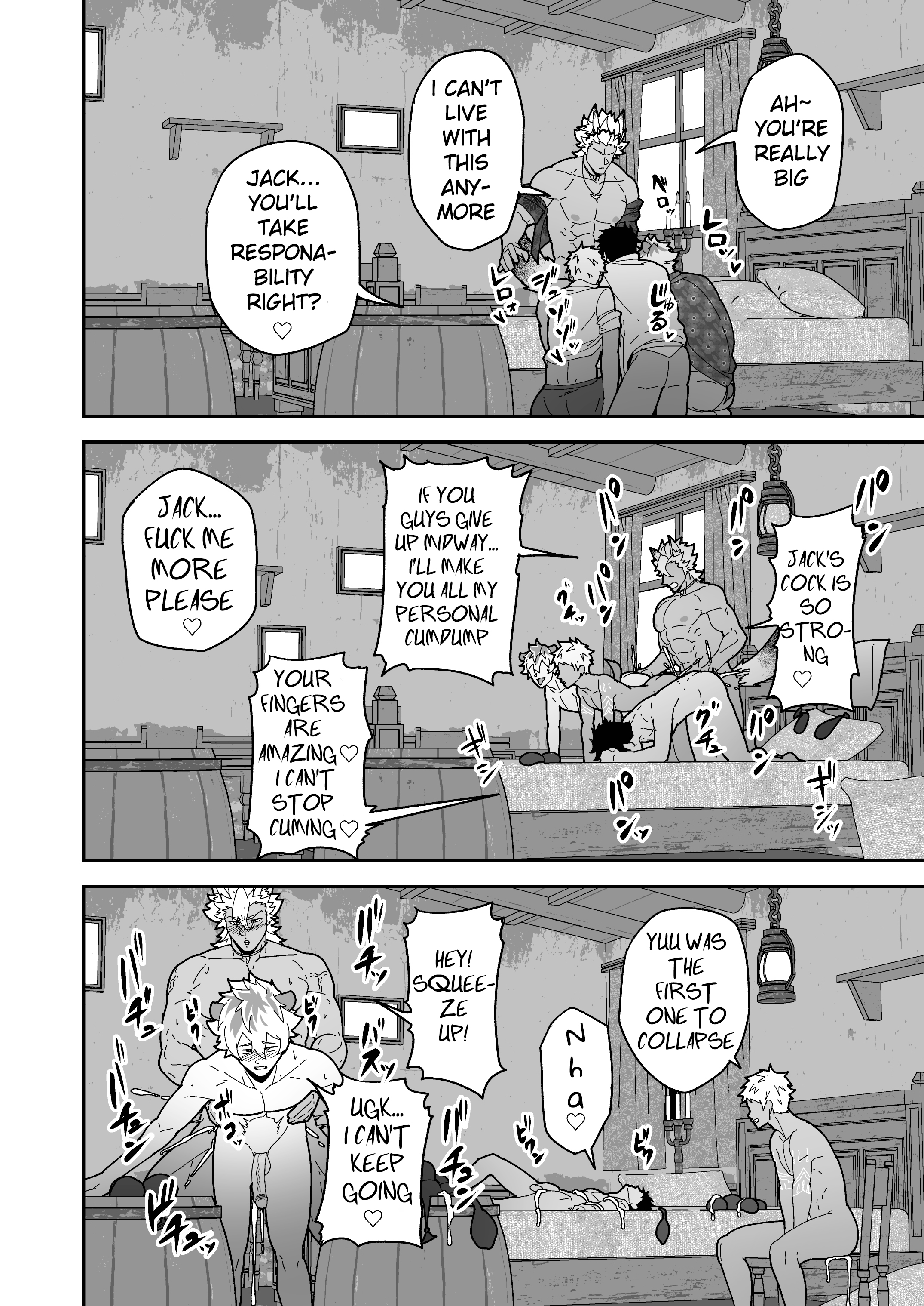 4boys, all fours, anal, black and white, blowjob, blush, cum, dorm, doujinshi, gay, gay male, hyena ears, hyena tail, jack howl, kakenari, kalim al-asim, male, muscular, necklace, nude, oral, orgy, penis, ruggie bucchi, short hair, speech bubble, swimwear, tattoo, text, twisted wonderland, undressing, wolf ears, wolf tail, yaoi, yuu (twisted wonderland), yuuken enma