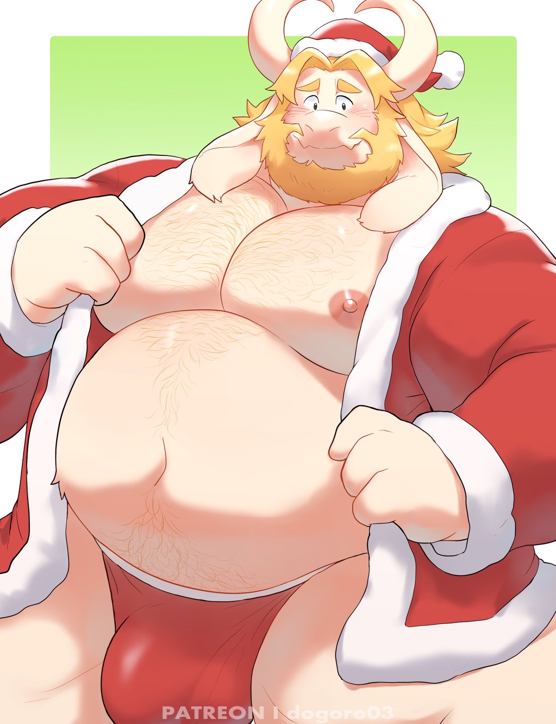 2024 anthro areola asgore_dreemurr barazoku beard belly big_belly big_bulge big_muscles blush border boss_monster_(undertale) bovid bulge caprine christmas christmas_clothing christmas_headwear clothed clothing coat costume eyebrows facial_hair fur goat green_background hair hat headgear headwear hi_res holidays horn huge_belly huge_bulge huge_muscles kemono long_ears looking_at_viewer male mammal musclegut muscular muscular_anthro muscular_male navel nipples o-ro open_clothing open_coat open_topwear overweight overweight_anthro overweight_male pecs santa_costume santa_hat simple_background smile solo standing text thong topwear tuft undertale_(series) underwear url white_border