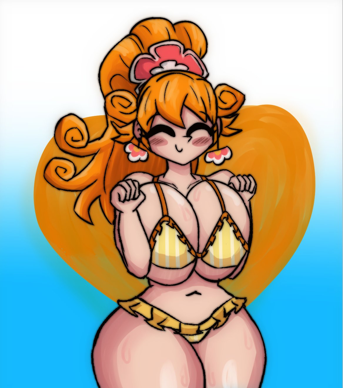 1girls artist_request bikini blush breasts closed_eyes collarbone digital_media_(artwork) earrings excited extremely_long_hair female female_focus female_only flower galaxy_gals hair_ornament heart huge_breasts kai_(battle_cats) large_breasts light_skin long_hair nyanko_daisensou orange_hair ponytail pressing_breasts_together shoulders squeezing_breast sweat teenager the_battle_cats thick_thighs thighs