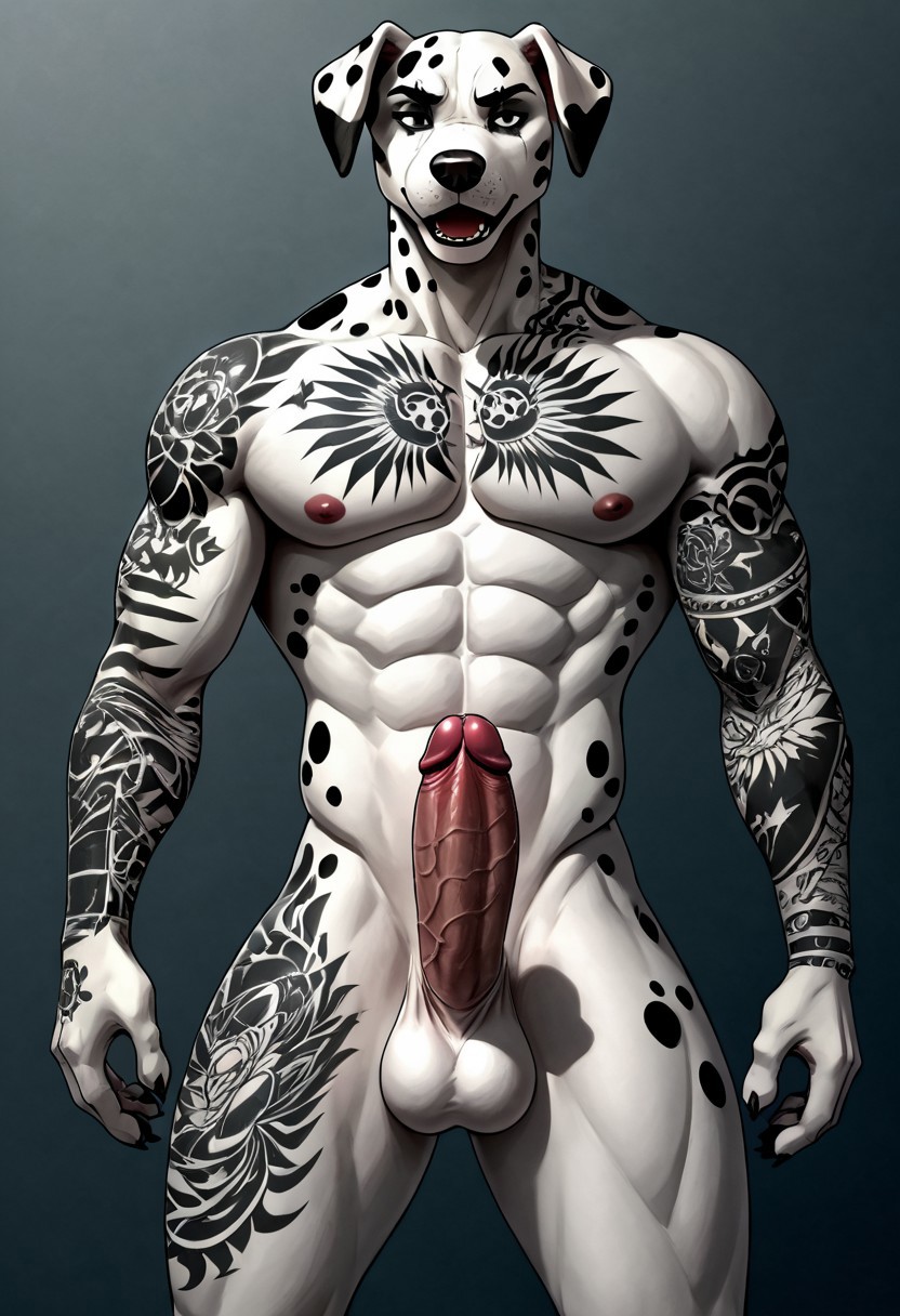 abs ai_generated anthro anthro_only anthro_penis balls big_penis canine canine_humanoid canine_penis dalmatian muscular_anthro muscular_male penis tattoo tattooed_male