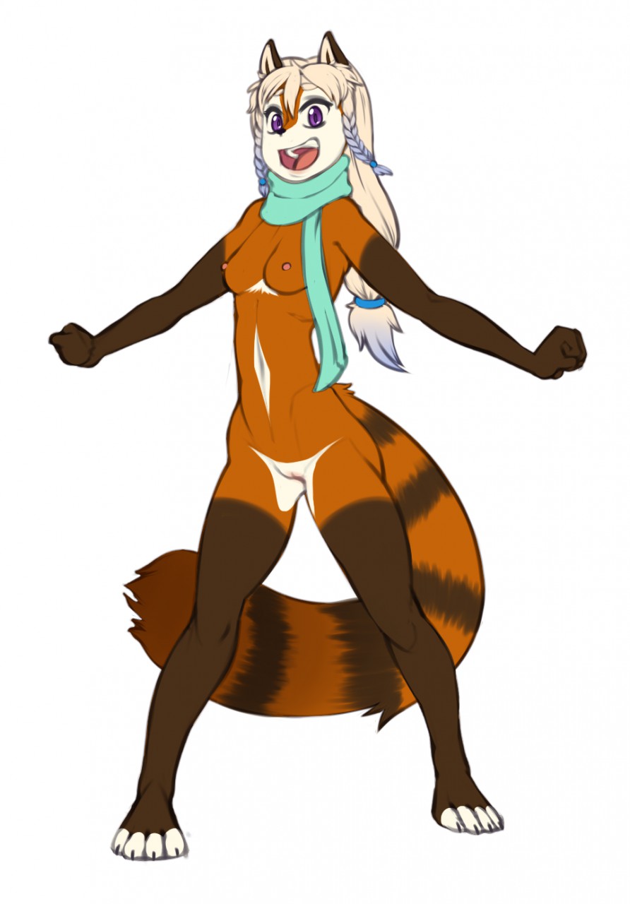 anthro breasts comfycushion female looking_at_viewer mammal nipples open_mouth pussy red_panda scarf smile solo standing