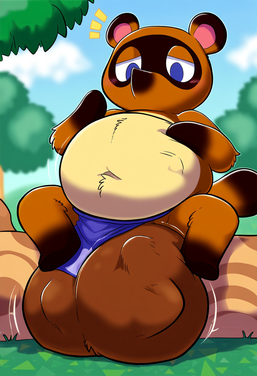 after_vore animal_crossing blue_eyes cock_vore concerned_look forest hidden_penis male oral_vore sitting_on_log squirming_balls squirming_gut tanuki tom_nook tom_nook_(animal_crossing) vore