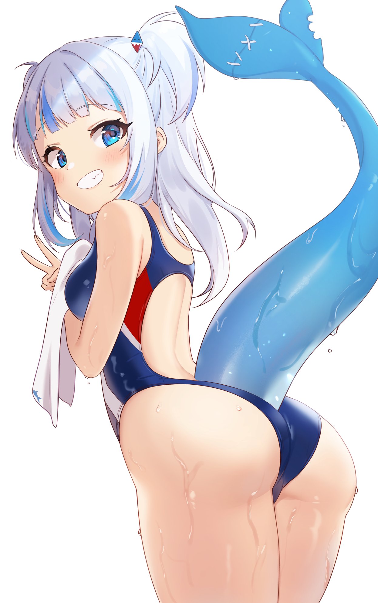 ass ass_focus gawr_gura hololive hololive_english hololive_myth looking_at_viewer looking_back one-piece_swimsuit petite_body pn_(wnsl216) shark_girl shark_tail swimsuit tail virtual_youtuber vtuber white_hair