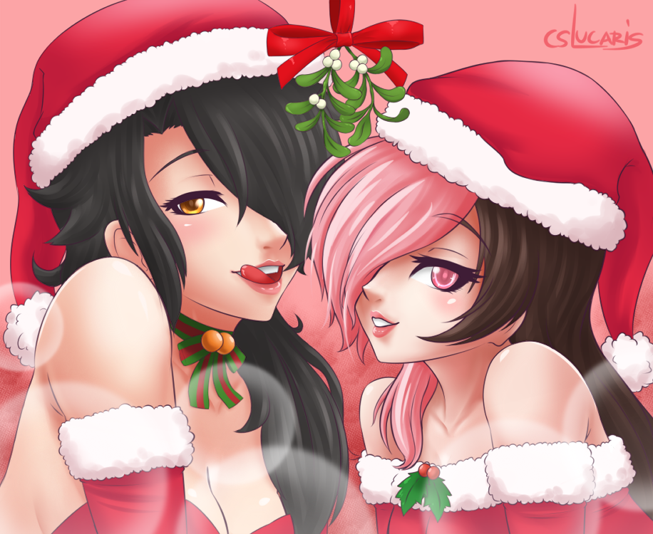 2girls, black hair, christmas, christmas outfit, cinder fall, cslucaris, female, female only, licking lips, multicolored hair, neo (rwby), pink eyes, rwby, santa hat