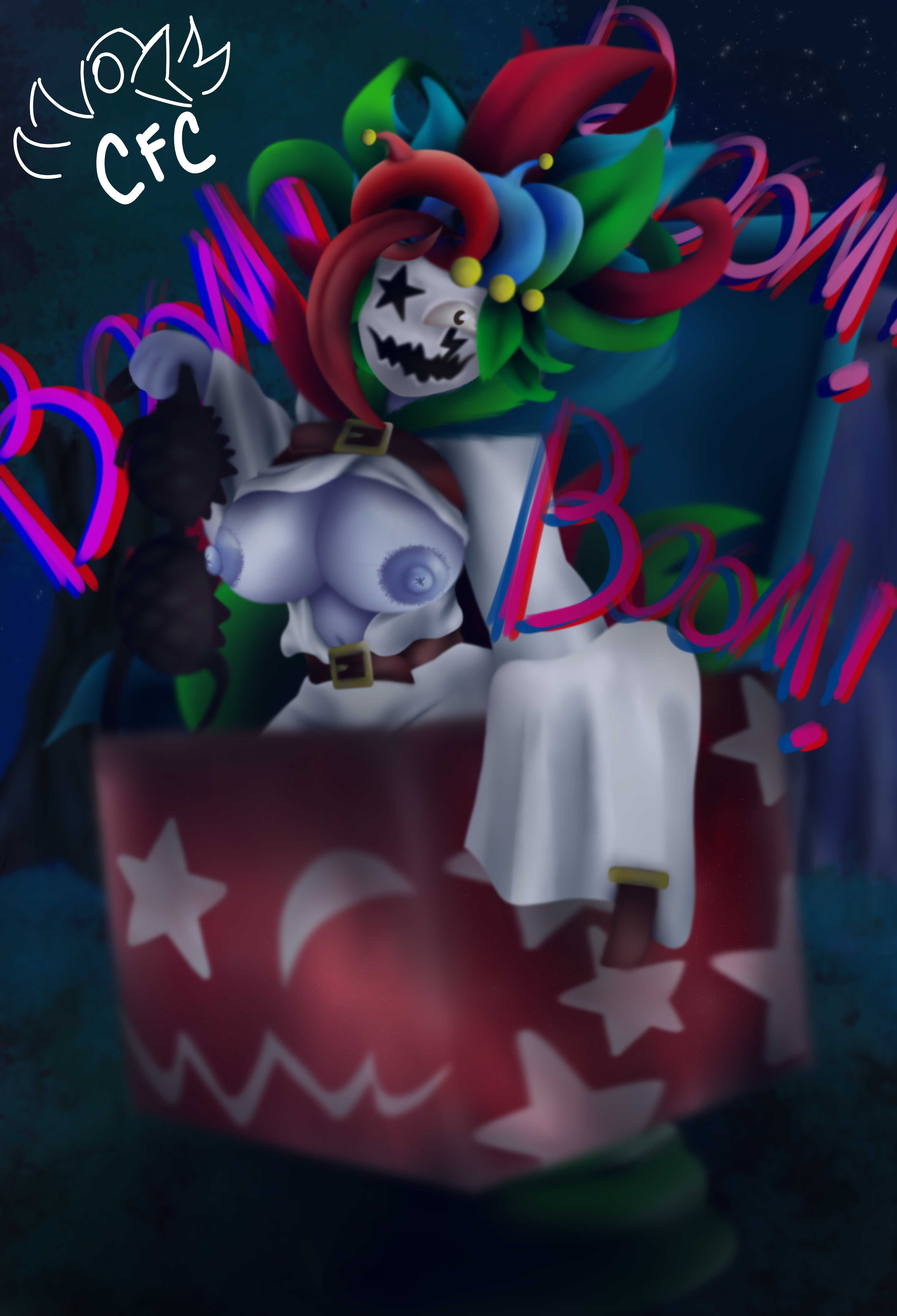 @colorful crow, 1girls, background, big breasts, breasts, breasts out, clown girl, clown queen, colorful crow, explosion, female, jack in the box, jack in the box (toy), masked female, onomatopoeia, plants vs zombies, plants vs. zombies fusion, ruprichi, semi nude, toy, toy queen (pvzfusion), ya llego el ruprichi, zombie, zombie (pvz), zombie girl