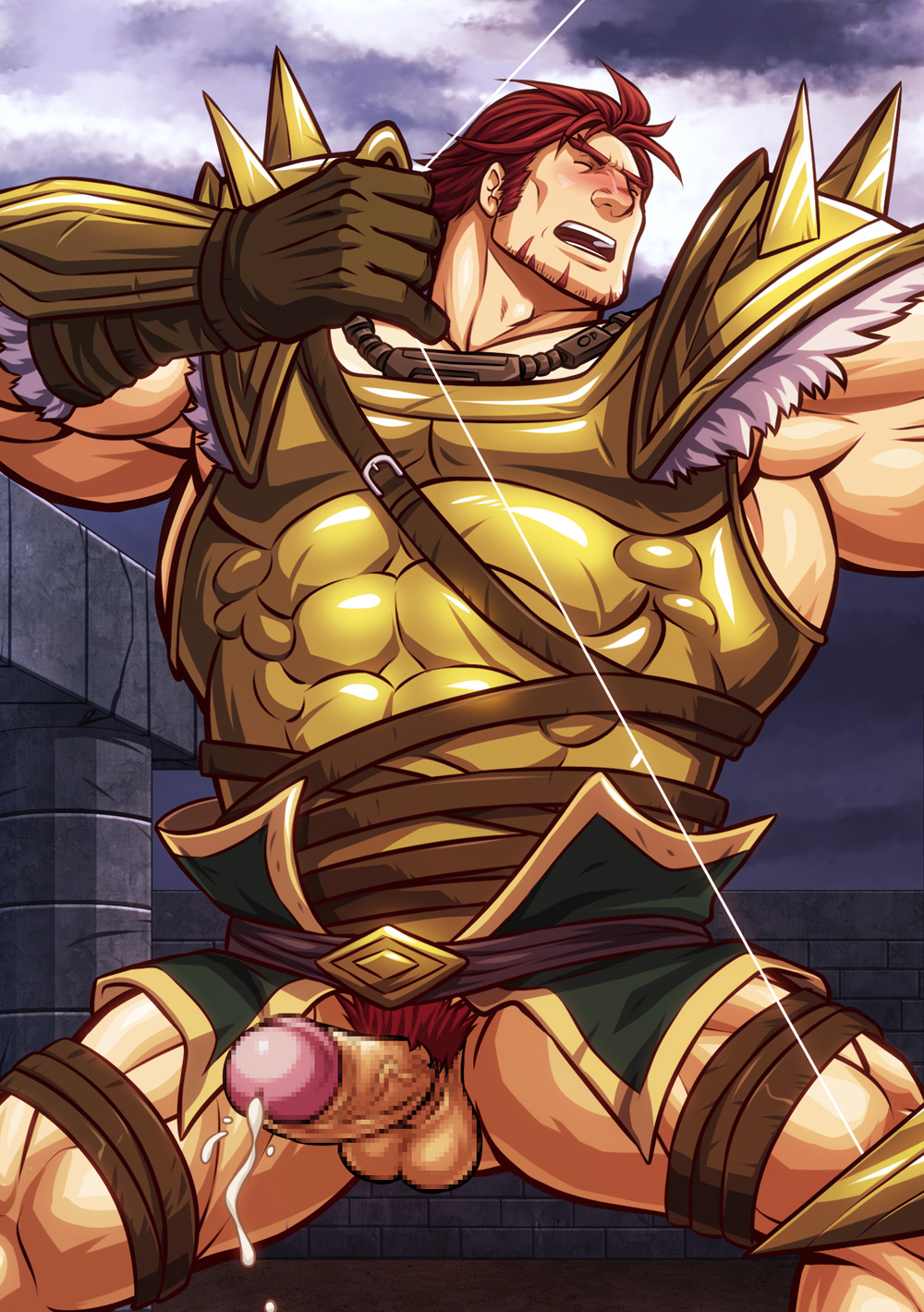 bara blush bottomless cum dorcas_(fire_emblem) ejaculation erection facial_hair fire_emblem fire_emblem:_the_blazing_blade gloves male_only muscle orgasm penis pubic_hair red_hair solo_focus testicles zelo-lee