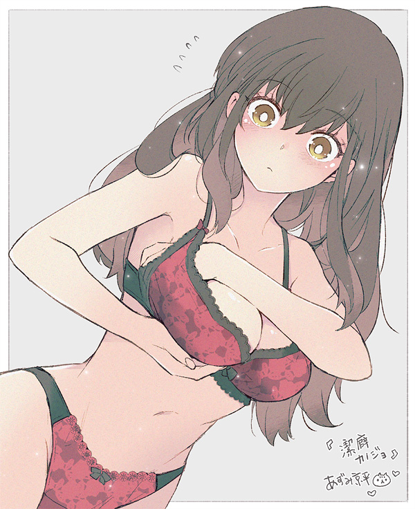 1girls adjusting_bra adjusting_clothes azumi_(myameco) blush border bow bow_bra bow_panties bra breasts brown_eyes brown_hair cleavage closed_mouth collarbone commentary_request dutch_angle flying_sweatdrops grey_background hair_between_eyes hand_in_bra hand_in_own_bra lace-trimmed_bra lace-trimmed_panties lace_trim large_breasts long_hair looking_at_viewer navel original panties red_bra red_panties simple_background solo underwear underwear_only white_border