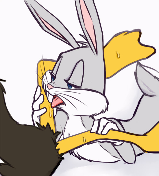 anthro avian bird blue_eyes buckteeth bugs_bunny chest_tuft daffy_duck duck fur furry gloves half-closed_eyes lagomorph leg_grab licking looney_tunes lying male male_only mammal on_front open_mouth rabbit simple_background sitting soft_feathers spreading sweat teeth tongue tongue_out tuft warner_brothers whiskers yaoi zehn