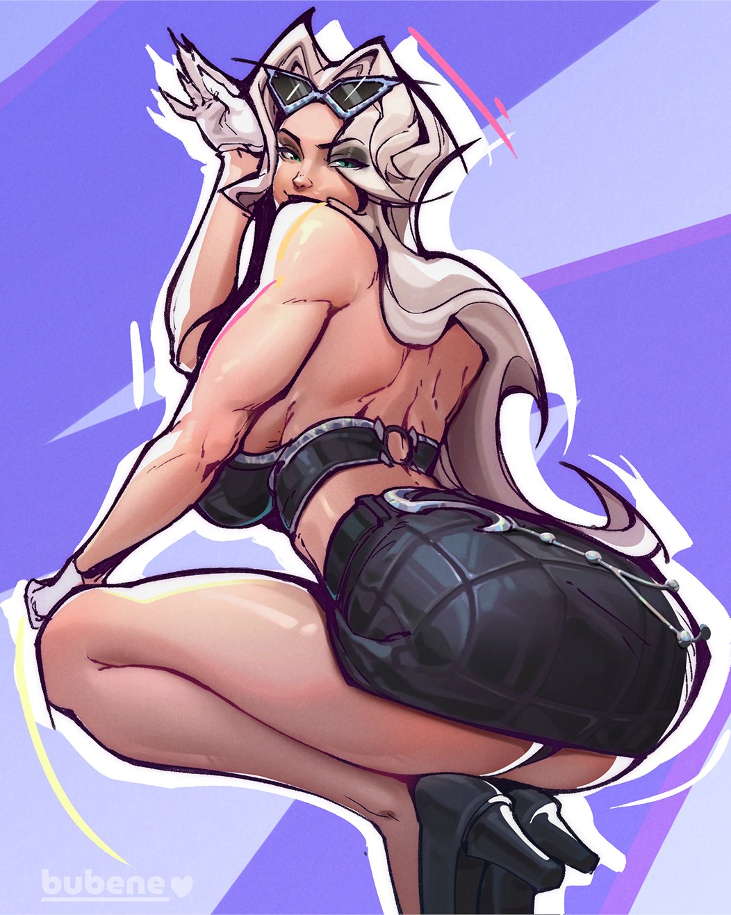 1girls, 2026, 2d, artist name, ass, ass focus, big ass, black cat (marvel rivals), black cat (marvel), black cat (urban predator), bubene, clothed, crouching, felicia hardy, female, female focus, female only, fully clothed, gloves, long hair, looking at viewer, looking back, marvel, marvel comics, marvel rivals, skirt, solo, spider-man (series), sunglasses, sunglasses on head, white hair