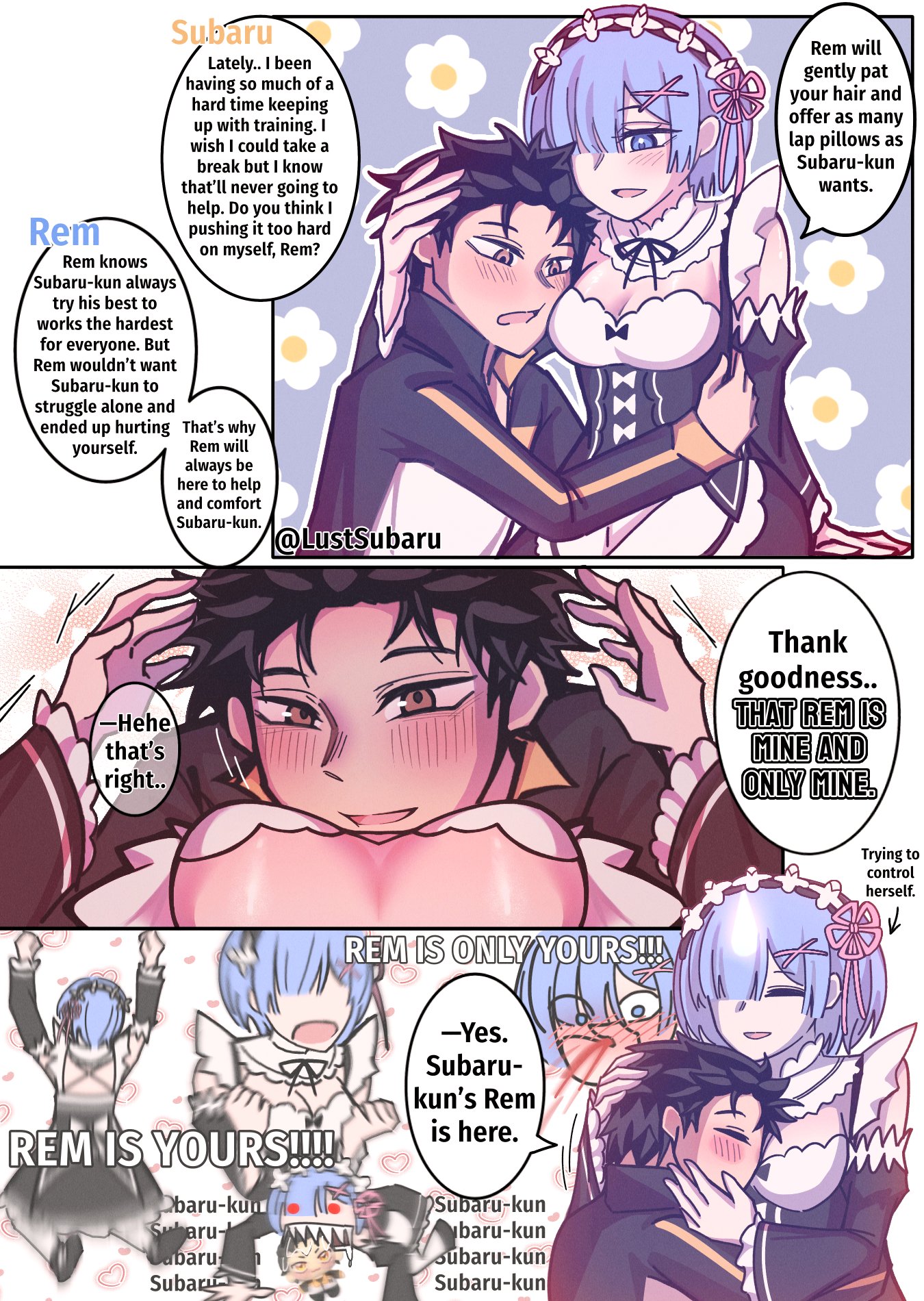 anime nosebleed, breasts, cleavage, comic, dialogue, english text, looking at viewer, lustsubaru, maid, maid headdress, maid outfit, maid uniform, natsuki subaru, nosebleed, re:zero kara hajimeru isekai seikatsu, rem (re:zero), text, text bubble, top view, wholesome