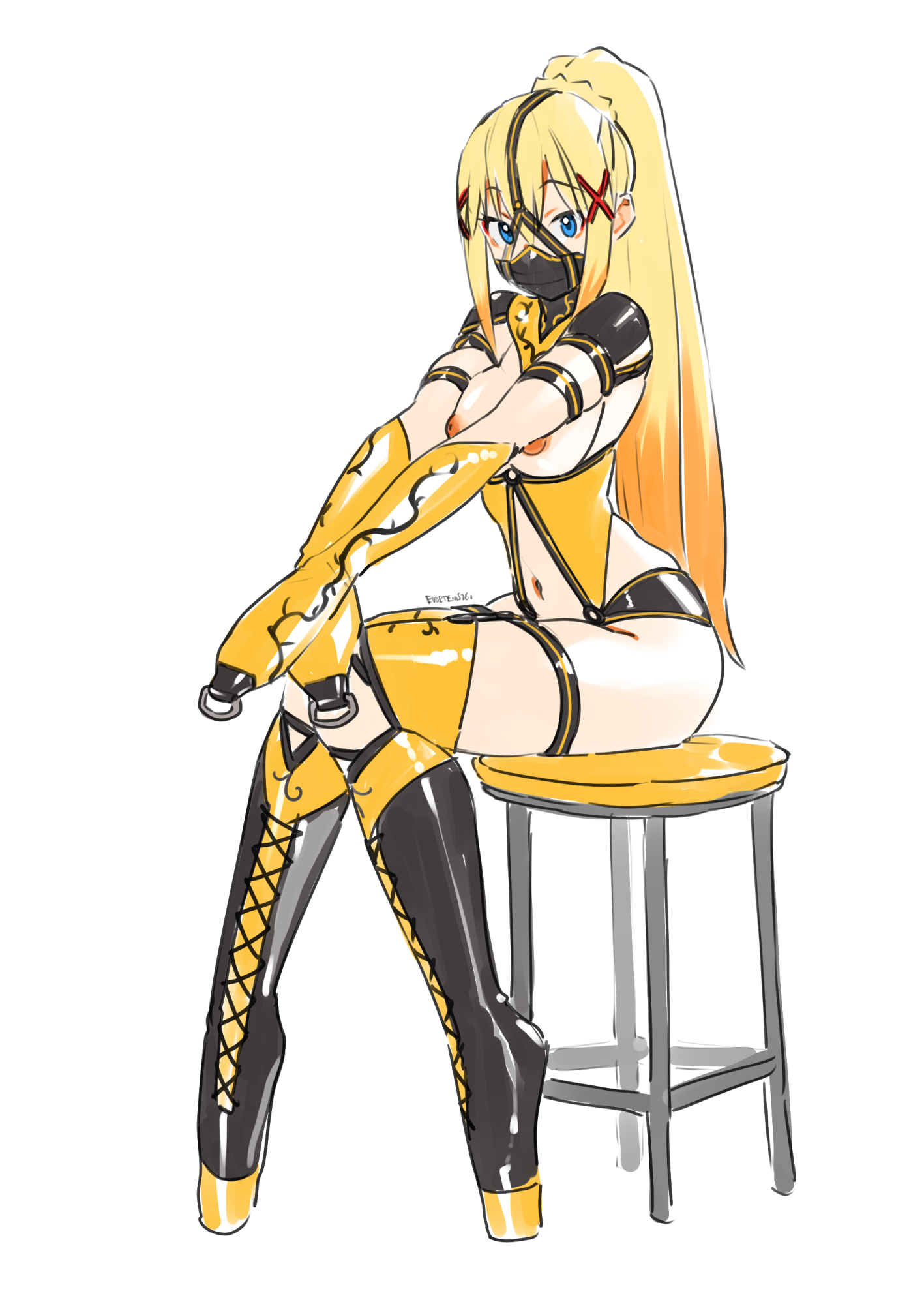 1girls, ballet boots, ballet heels, blonde hair, blue eyes, bondage, bondage gloves, bondage mittens, bound, bound hands, darkness (konosuba), eudetenis, female, female only, femsub, gag, gagged, heel-less heels, high heels, kono subarashii sekai ni shukufuku wo!, mittens, simple background, thighhighs, very high heels