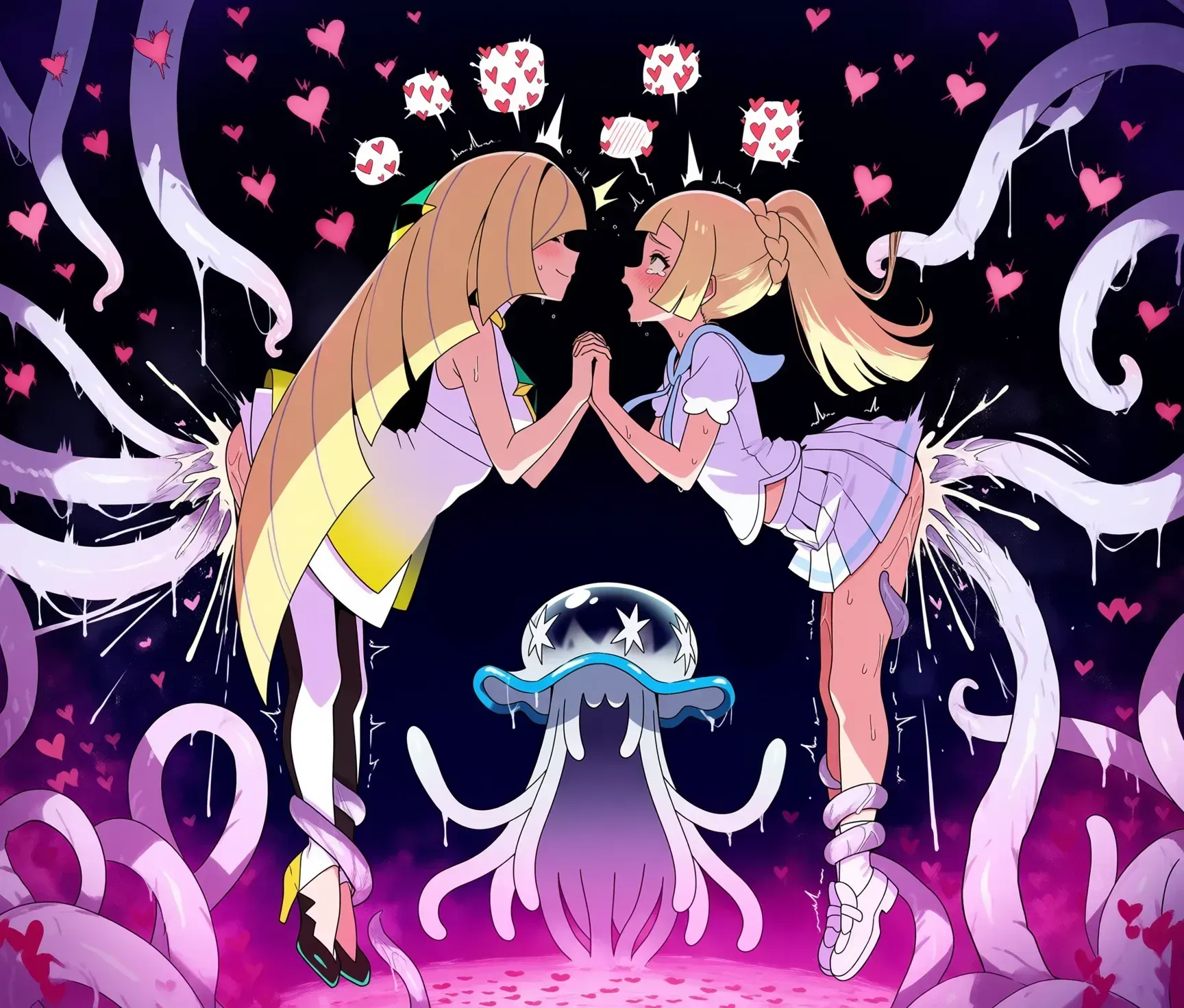 2girls, ai generated, alternate version available, blonde hair, blush, closed eyes, clothed sex, cum, cum in ass, cum in pussy, cum inside, double penetration, eyes rolling back, facing another, green eyes, heart, high heels, holding hands, lillie (pokemon), lusamine (pokemon), mother and daughter, nihilego, open mouth, pokemon, pokemon sm, pokephilia, ponytail, rape, skirt flip (ai artist), smile, suspension, sweat, tears, tentacle, tentacle in ass, tentacle in pussy, tentacle rape, tentacle sex, ultra beast