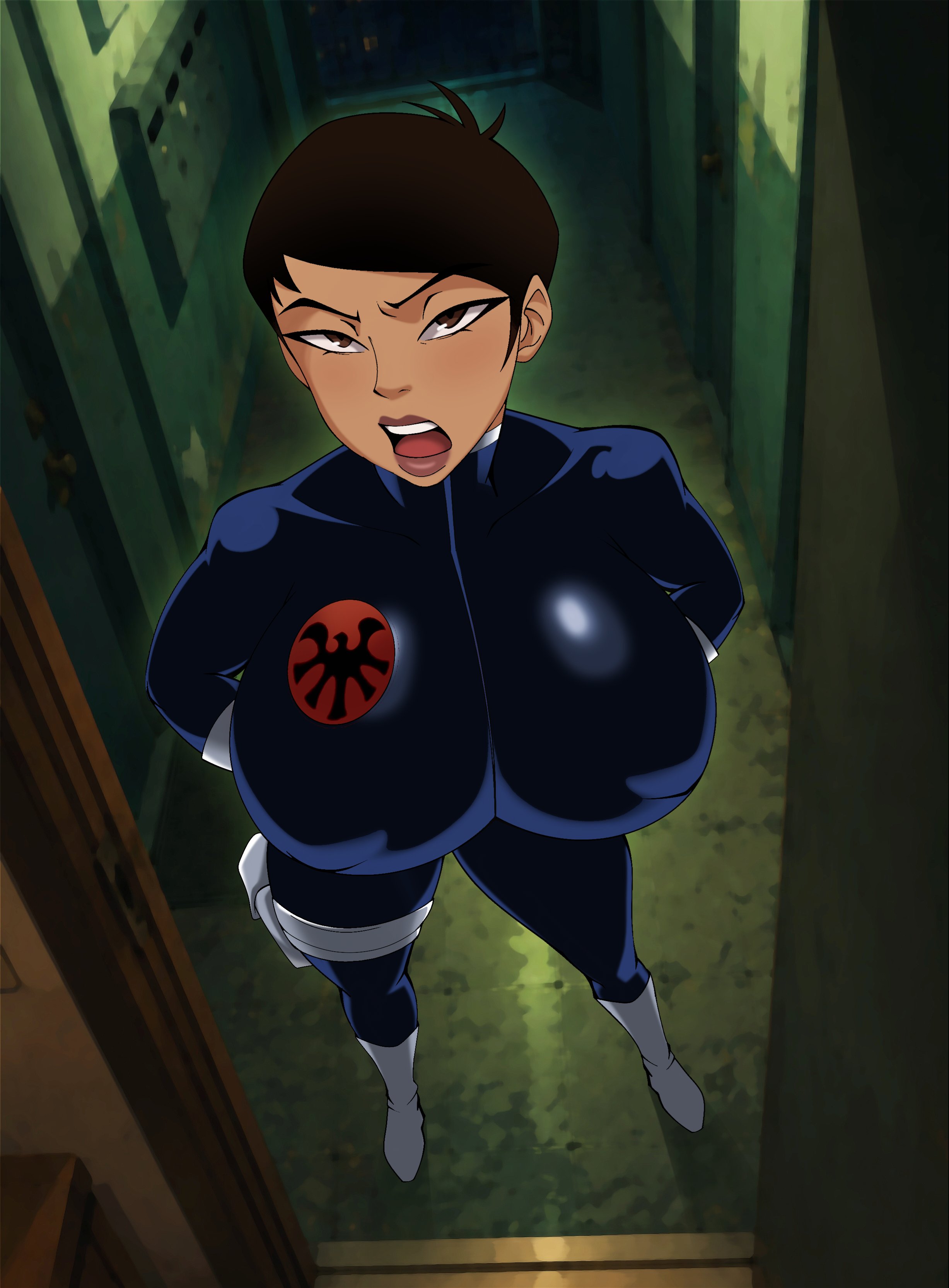 1girls, arms at sides, behind door, big breasts, breasts, breasts bigger than head, brown eyes, brown hair, dark skin, dark-skinned female, door, doorway, female, female focus, female only, gigantic breasts, huge breasts, logo, looking at viewer, maria hill, maria hill (earth's mightiest heroes), marvel, marvel comics, open door, short hair, skin tight, solo, solo female, solo focus, the avengers: earth's mightiest heroes, thick, thick thighs, tomboy, top heavy, voluptuous, voluptuous female, white boots, white gloves, zstorys22