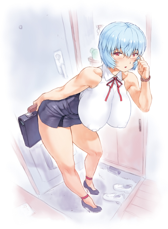 blue hair, blush, breasts, clothing, cosplay, curvy, erect nipples, erect nipples under clothes, female, female only, glasses, huge breasts, large breasts, mogudan, neon genesis evangelion, nipples, rei ayanami, skirt, teacher