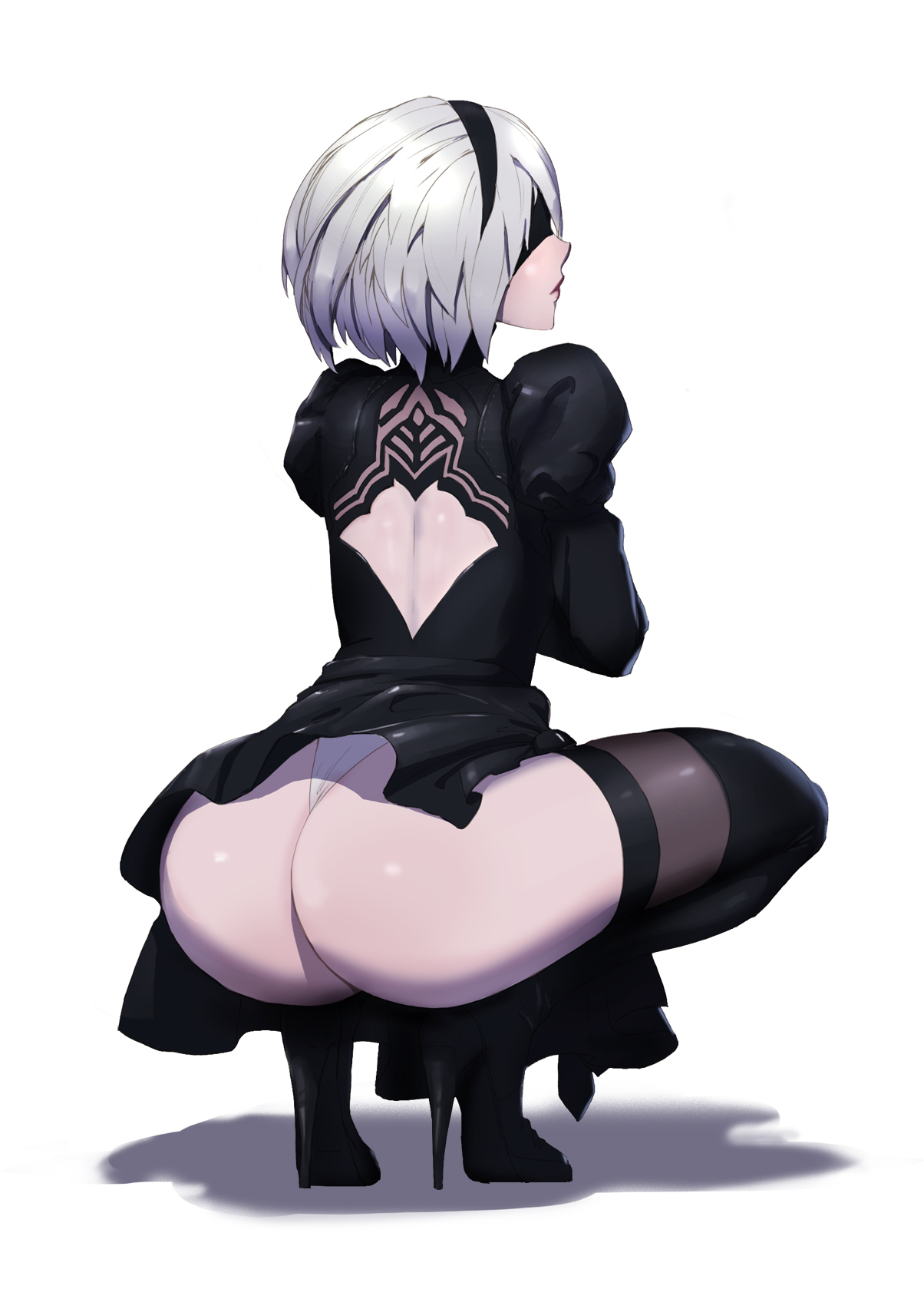 1girls, ass, ass focus, backless outfit, blindfold, female, female only, high heels, leotard, nier, nier: automata, panties, skirt, solo, squatting, uio7897, upskirt, yorha 2b