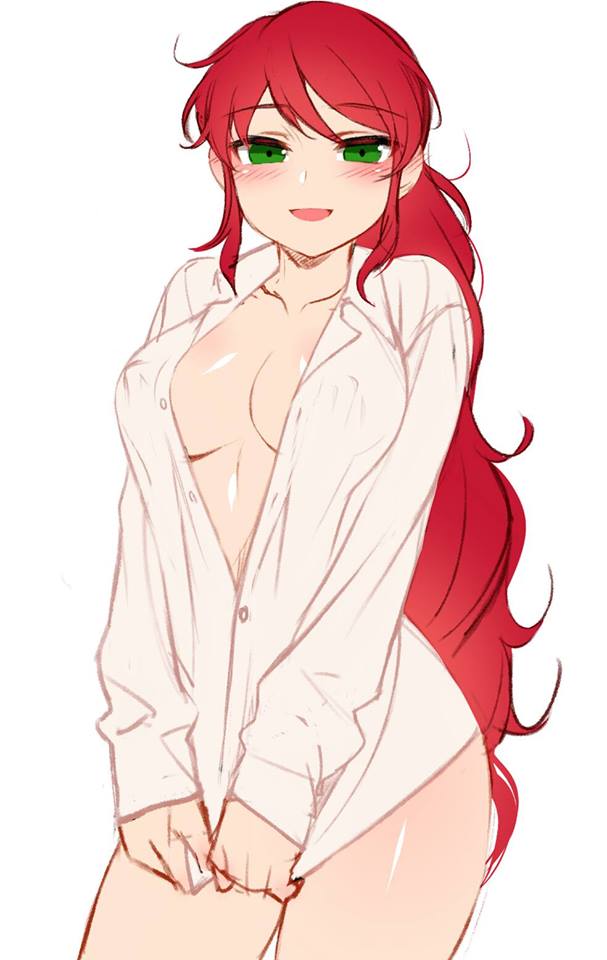1girls, bangs, blush, eyebrows visible through hair, female, female only, green eyes, happy, long hair, looking at viewer, ndgd, nipples visible through clothing, open clothes, open shirt, pyrrha nikos, red hair, rwby, shiny hair, shiny skin, shirt, sidelocks, smile, solo, white background