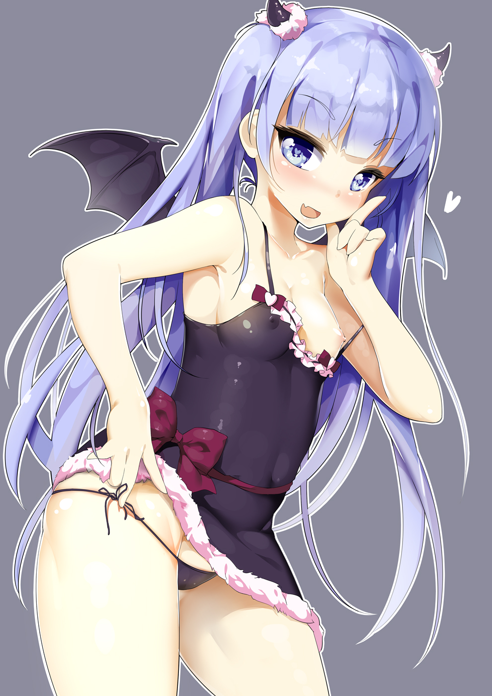 blush, breasts, clothing, collarbone, covered navel, cute fang, demon, demon girl, demon horns, demon wings, erect nipples, eyebrows, eyebrows visible through hair, female, heart, heart-shaped pupils, highres, horns, lingerie, long hair, looking at viewer, new game!, nipples, no bra, one breast out, panties, ribbon, shuffle (songdatiankong), side-tie panties, simple background, small breasts, solo, strap slip, succubus, suzukaze aoba, symbol-shaped pupils, tied hair, twintails, underwear, wings