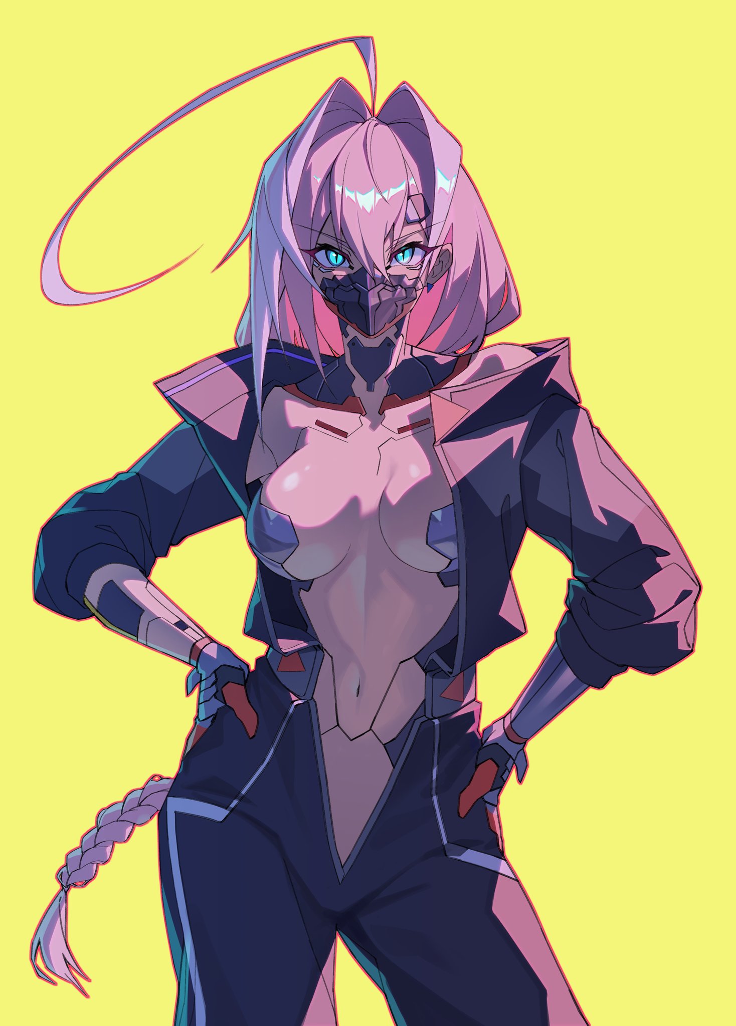 1girls, blue eyes, color, cyberpunk 2077, cyberpunk girl, cyberpunk: edgerunners, cyborg, cyborg girl, female, female focus, female only, hi res, long hair, looking at viewer, pink hair, slim waist, solo, solo female, talia yang, tan body, tan skin, thick thighs