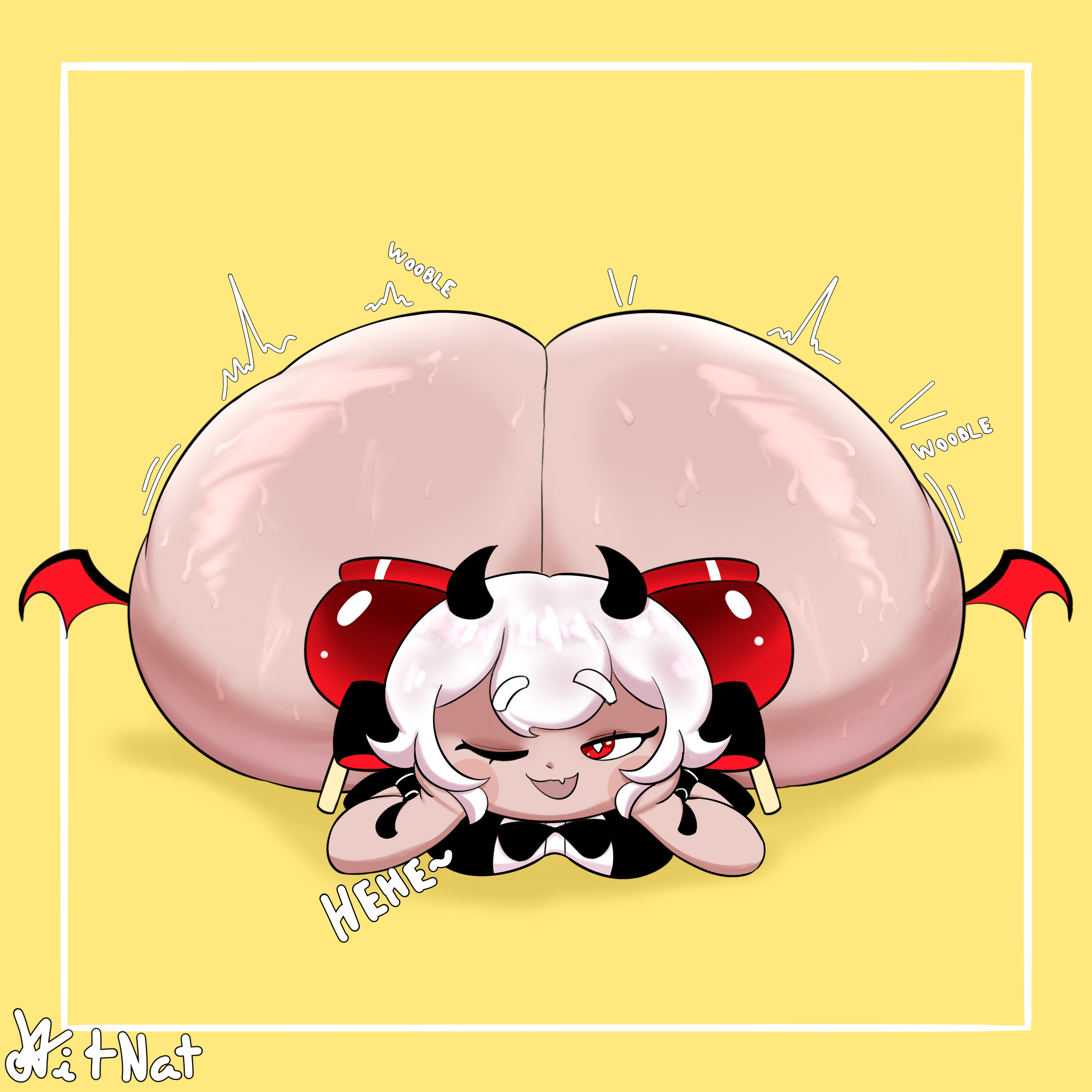 1female, 1girls, 2d, 2d (artwork), 2d artwork, artist name, artist signature, ass, ass bigger than head, ass focus, big ass, bottom heavy, bottom heavy female, bottomless, bottomless female, candy apple cookie, cookie run, cookie run kingdom, cute, cute face, cute fang, cute female, cute girl, digital drawing, digital drawing (artwork), digital media, digital media (artwork), fang, fat ass, female, female focus, female only, happy, happy female, horn, horns, horns girl, huge ass, large ass, laying down, laying on stomach, motion lines, nitnat, onomatopoeia, phat ass, red eyes, short hair, simple background, small breasts, small breasts big ass, smile, smiling, smiling at viewer, solo, solo female, solo focus, sound effects, sweat, sweatdrop, sweaty ass, thicc, thick, thick ass, white hair, wink, winking, winking at viewer, wobble, wobble (sound effect)