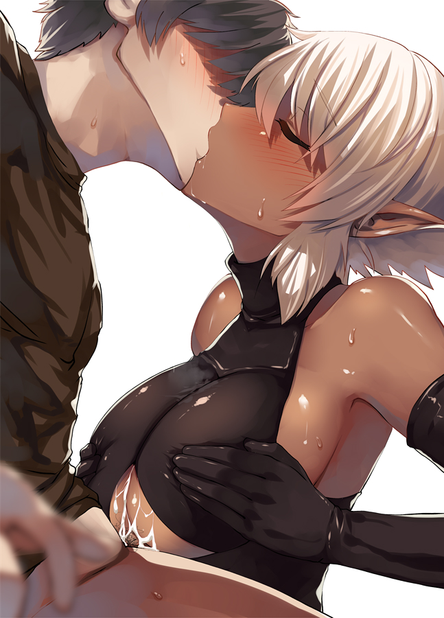 bare_shoulders belko bottomless breast_grab breasts brown_hair closed_eyes collarbone cum dark-skinned_female de-chan_(lolicept) elbow_gloves elf female gloves grabbing kissing large_breasts medium_hair original original_character paizuri pointy_ears shaun_(fallenicons) silver_hair solo straight sweat