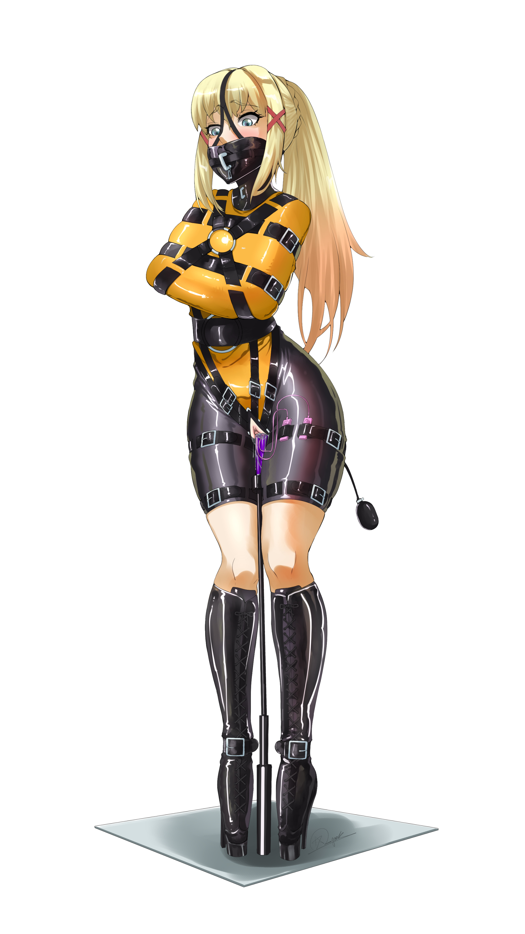 1girls, apocalipsejack, ballet boots, ballet heels, blonde hair, bondage, bound, bound arms, collar, darkness (konosuba), female, female only, femsub, gag, gagged, hairless pussy, high heels, inflation bulb, knee boots, knee high boots, kono subarashii sekai ni shukufuku wo!, latex, latex clothing, one bar prison, posture collar, rubber, rubber clothing, sex toy, sex toy in pussy, shiny clothes, simple background, stationary restraints, story, story at source, straitjacket, tight clothing, very high heels, vibrator controller, vibrator cord, vibrator in pussy