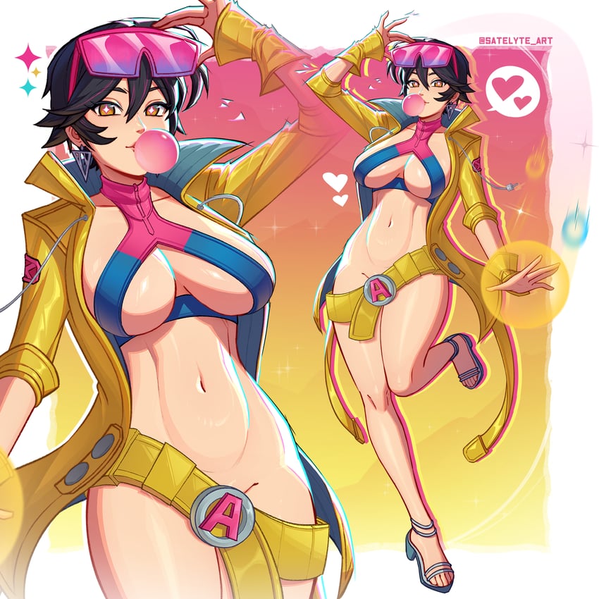 1girls, 2026, 2d, 2d (artwork), abdomen, adapted costume, barely clothed, belt, belt buckle, big breasts, black hair, blowing bubble gum, breasts, buckle, chewing gum, cleavage, clothing, coat, convenient censoring, eyewear on head, female, female only, full body, high heels, jacket, jubi, jubilee, jubilee (marvel rivals), large breasts, light skin, light-skinned female, looking at viewer, marvel, marvel comics, marvel rivals, multiple views, mutant (marvel), no panties, no pants, opaque sunglasses, pink-tinted eyewear, revealing clothes, sandals, satelyte, short hair, solo, tinted eyewear, video games, yellow coat, yellow jacket