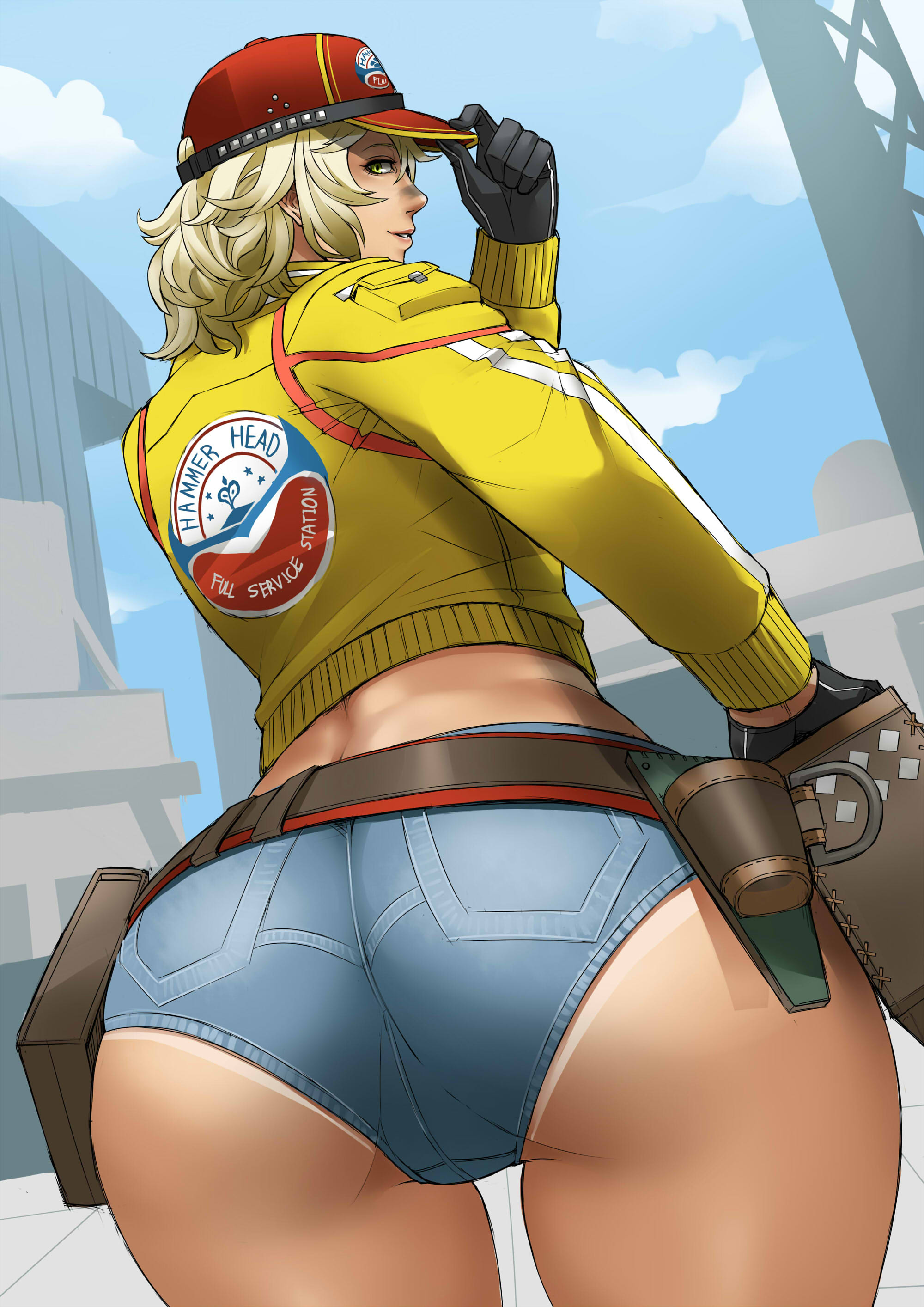 ass, ass focus, back view, belt, black gloves, boots, cindy aurum, denim, denim shorts, dutch angle, female, final fantasy, final fantasy xv, gloves, jean shorts, pussy, short hair, short shorts, solo, square enix, tomboy, vulva line
