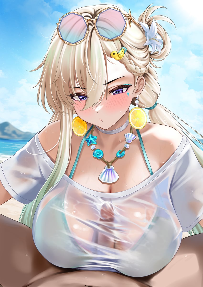 1boy 1girl absurdres aqua_bikini bikini bikini_top_under_shirt bikini_under_clothes blonde_hair blue_sky blush braid braided_bangs breasts closed_mouth clothed_sex commentary day erection eyewear_on_head flower fruit_earrings hair_between_eyes hair_flower hair_ornament hetero highres jewelry large_breasts long_hair looking_at_viewer low_twintails lynae_(wuthering_waves) m_(1n910) necklace official_alternate_costume outdoors paid_reward_available paizuri paizuri_under_clothes penis pov purple_eyes round_eyewear see-through_clothes see-through_shirt shirt sky sunglasses swimsuit twintails white_flower white_shirt wuthering_waves