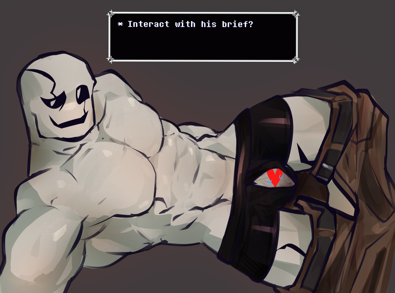 1male, bara, barazoku, belt, belt buckle, big bulge, black sclera, briefs, bulge, bulge through clothing, bulge under clothes, cock peek, deltarune, gaster, gaster (undertale), heart, looking at viewer, male, male focus, male only, monster, muscles, muscular, pants down, shaft, text box, undertale, visible penis, white body, white pupils