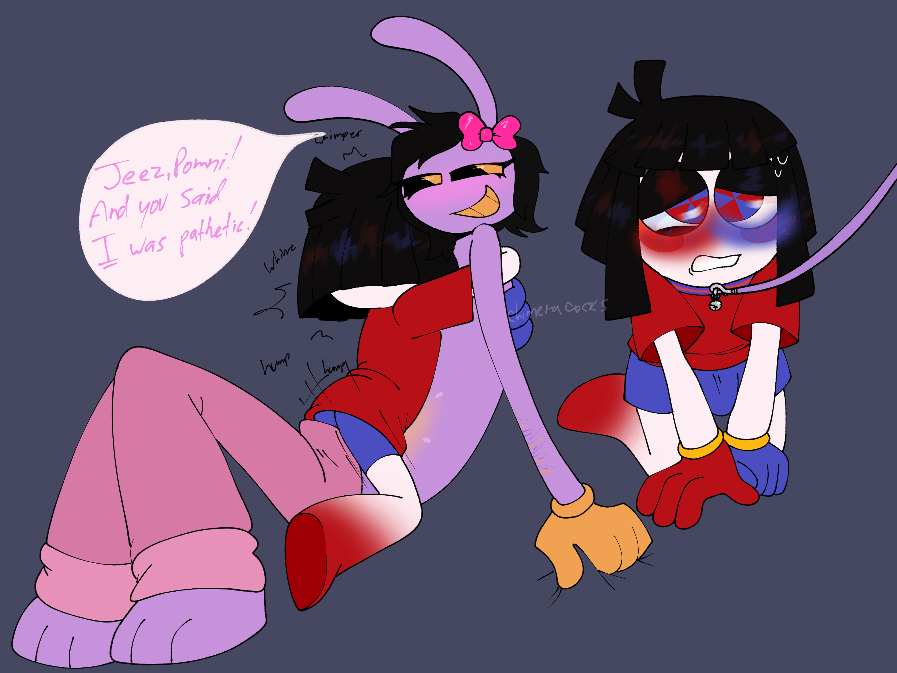 2girls, anthro, anthro on humanoid, blushing female, blushing profusely, chimeracocks, desperation, erection, erection under clothes, female jax, female only, female/female, frotting, fully clothed, grinding through clothes, jax (the amazing digital circus), kneeling, leash, leash and collar, leashed collar, leashed pov, lesbian sex, partially clothed, pomni (the amazing digital circus), pov, rabbit, sweating, teasing, the amazing digital circus, topless, trans woman, transfem, whining, yuri