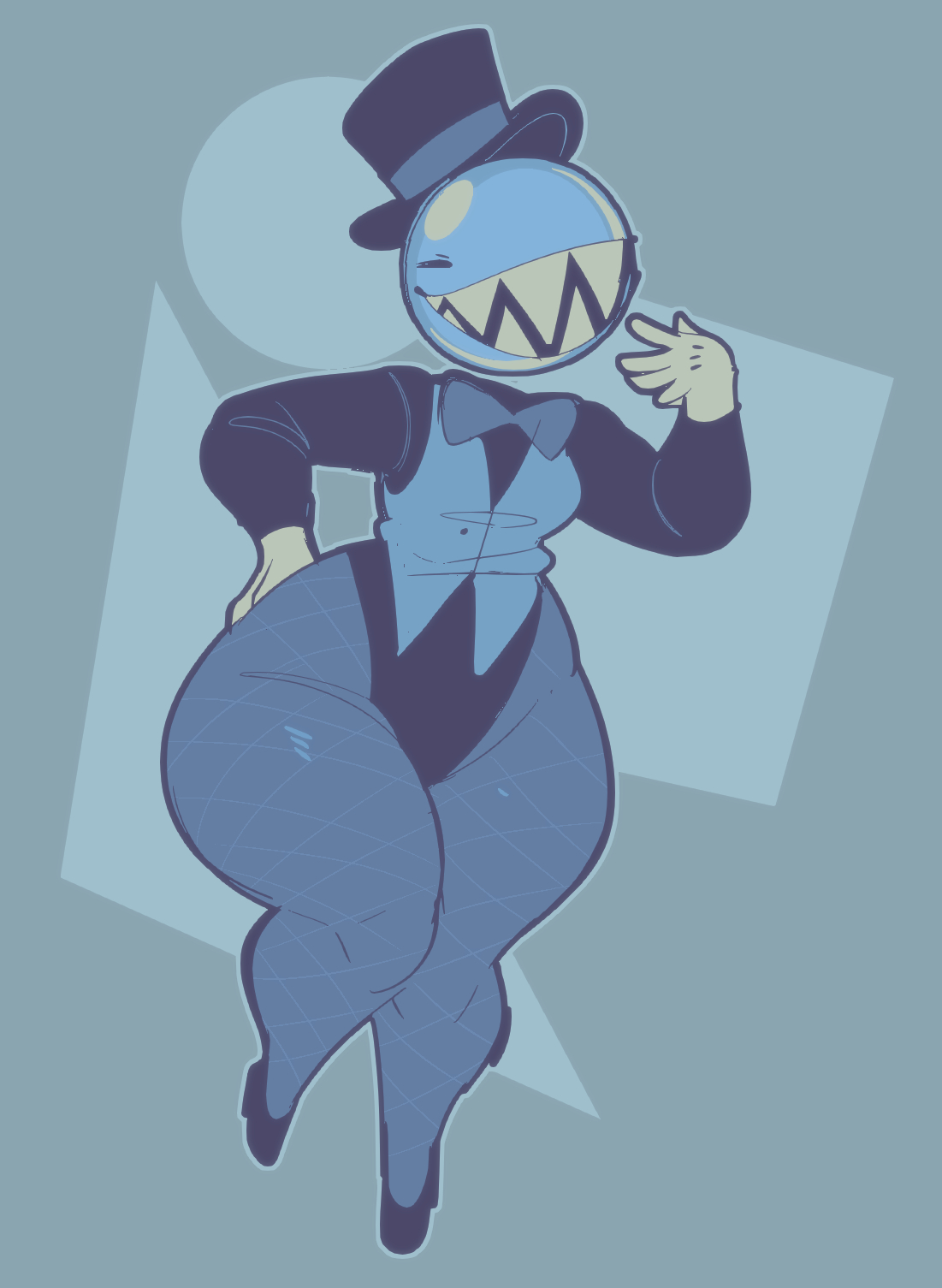 1boy, bubble (the amazing digital circus), ringmaster bubble, sharp teeth, solo, the amazing digital circus, top hat, welwraith, wide hips, wide thighs