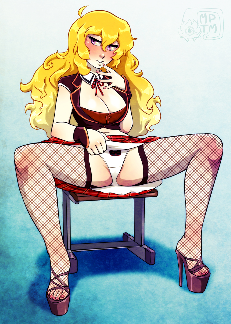 1girls, blonde hair, blush, breasts, chair, cleavage, female, female only, fishnet legwear, fishnet stockings, fishnet thighhighs, fishnets, high heels, large breasts, my pet tentacle monster, naughty face, panties, platform heels, print panties, purple eyes, rwby, seductive, sitting, solo female, spread legs, stockings, upskirt, white panties, yang xiao long