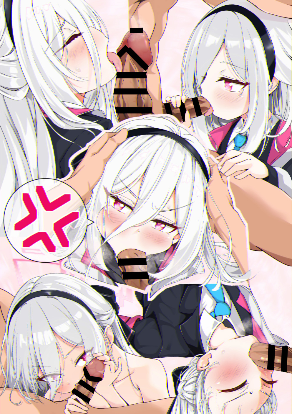 1boy, 1girls, blowjob, blue archive, blush, fellatio, female, handjob, kei (blue archive), licking, male, millennium science school student, multiple views, oral, penis, red eyes, tongue, tongue out, tongue out blowjob, white hair, yuzumaki tajii