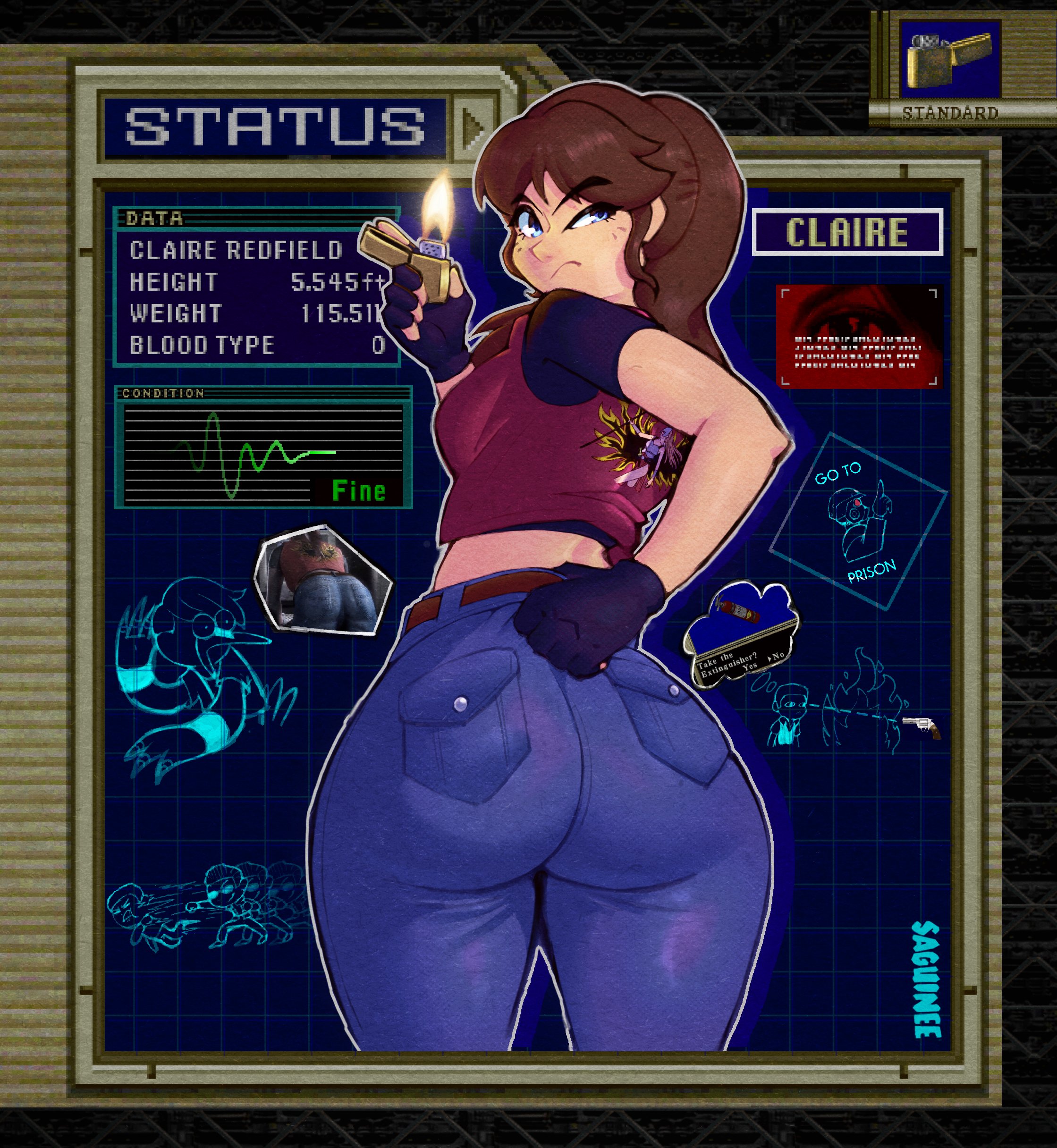 ass, ass focus, bell bottoms (pants), black gloves, black shirt, black topwear, blue eyes, capcom, claire redfield, claire redfield (darkside chronicles), compression shirt, fat ass, fingerless gloves, game ui, hi res, highres, huge ass, inventory, jacket, lighter, looking at viewer, looking back, ponytail, red hair, red vest, resident evil, resident evil code veronica, resident evil: the darkside chronicles, saguinee, short sleeves, sidelocks, vest