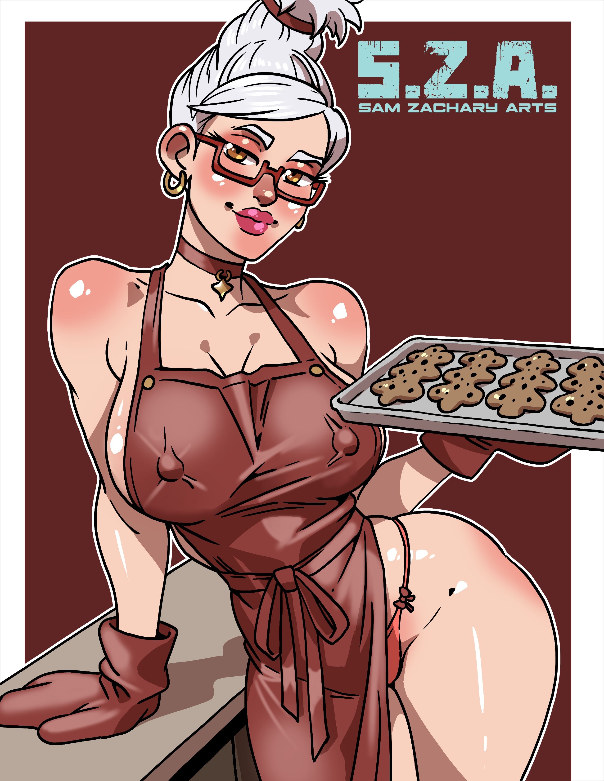 2d, apron, apron only, ayase seiko, big breasts, breasts, busty, dandadan, erect nipples, exposed hips, female, female focus, female only, g-string, gilf, glasses, hip cleavage, hip focus, hip vent, hourglass figure, long hair, makeup, milf, nipple bulge, pinup, pinup pose, samzacharyarts, thong, tied hair, white hair, wide hips