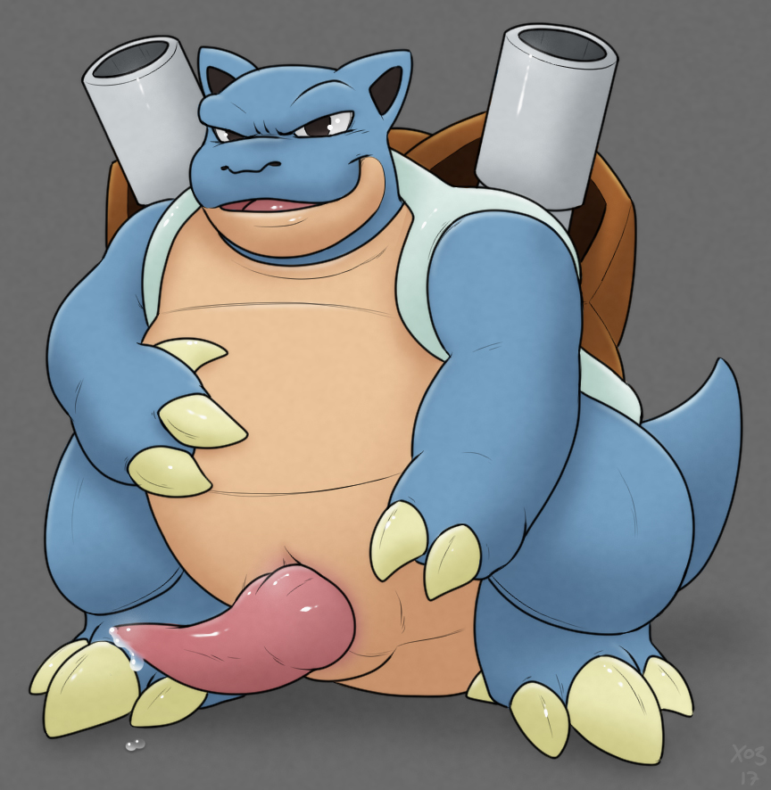 1boy belly big_penis black_eyes blastoise blue_skin claws cum erection feet grey_background knot looking_at_viewer male male_only nintendo no_nipples nude open_mouth penis pokemon shell smile solo standing tail tongue video_games x03