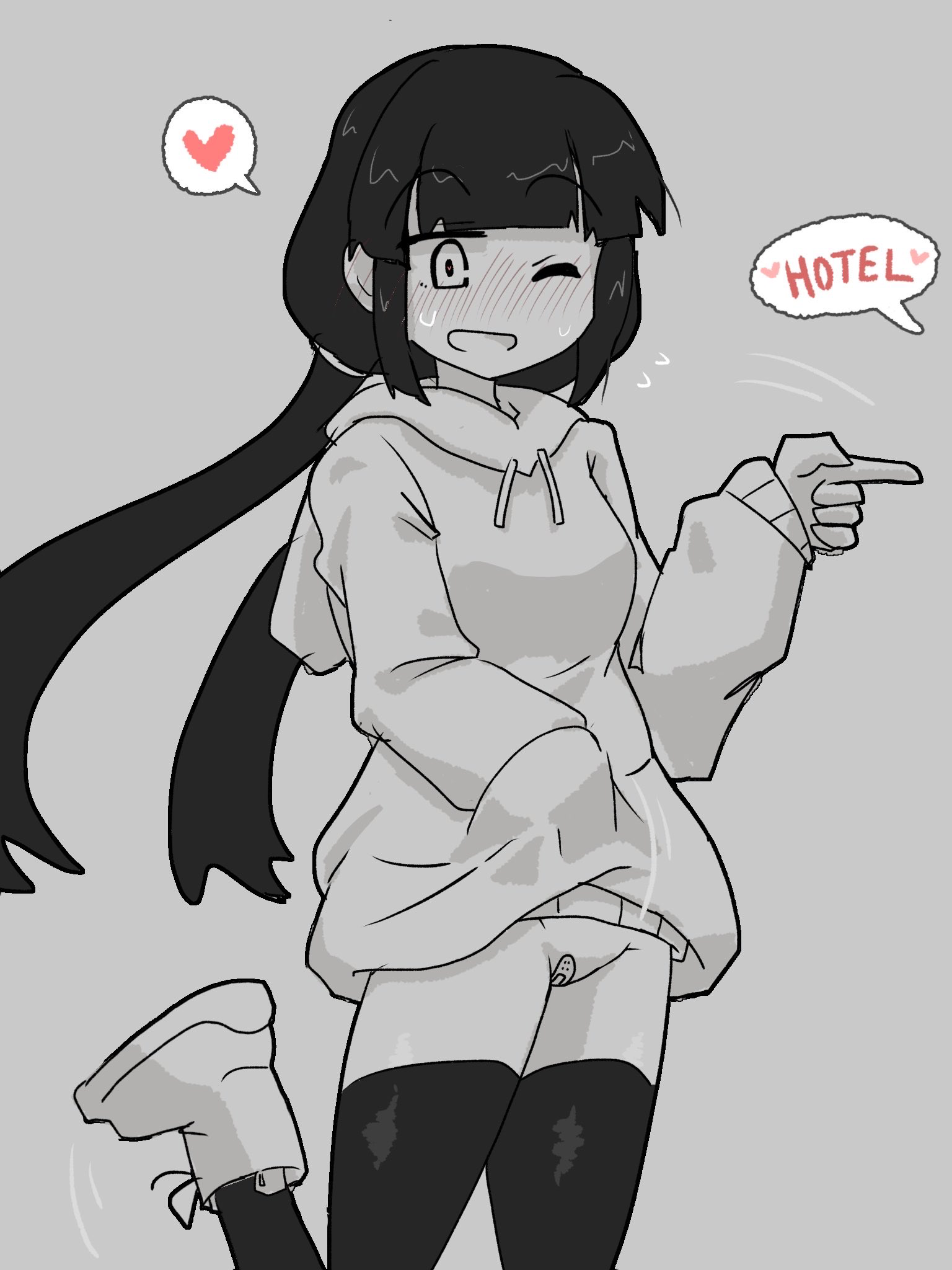 1girls, 2d, 2d (artwork), bandaid, bandaid on pussy, black and white, black hair, blush, blush lines, blushing, blushing female, blushing profusely, bottomless, breasts, clothed, clothed female, clothing, female, female only, flashing, flashing pussy, fully clothed, going commando, grey background, hoodie, horny, horny female, imminent sex, inabakumori, inviting, inviting to sex, jgmwv312mj, lifted by self, lifting own clothes, long hair, monochrome, mv character, no panties, one eye closed, osage-chan, oversized clothes, oversized hoodie, pussy, sex invitation, shoes, simple background, small breasts, solo, solo female, spoken heart, thick thighs, thighhighs, thighs, twintails, vagina, vulva