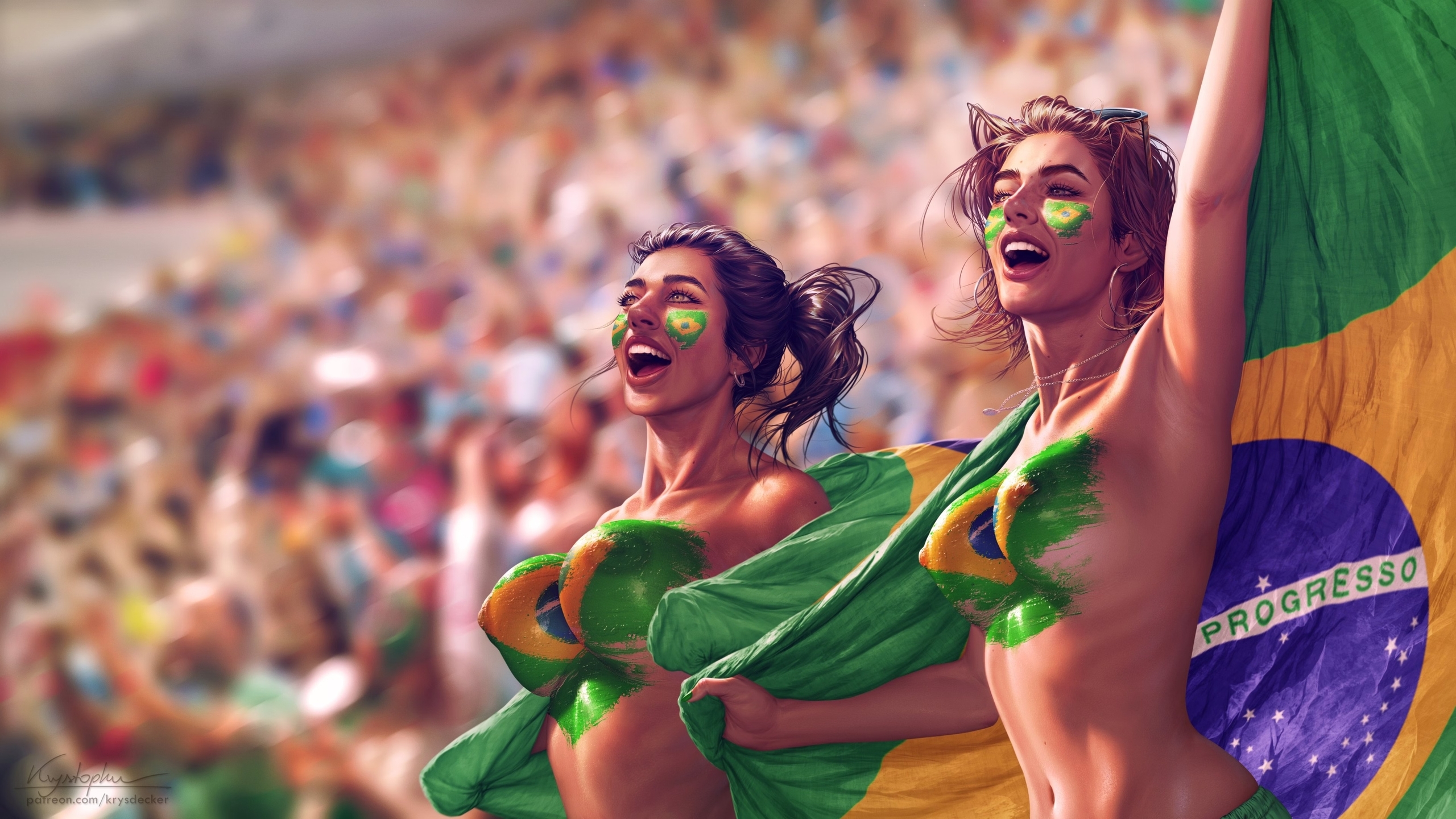 2girls, abs, big breasts, bikini, bikini bottom, bikini top, blush, brazil, brazilian, brazilian female, brazilian flag, breasts, brown body, brown eyes, brown hair, brown skin, cleavage, clothed, clothing, female, female focus, female only, fifa, flag, flag bikini, flag print, flag print bikini, football, football ball, krysdecker, long hair, looking up, national personification, navel, nipples, pinup, soccer, soccer ball, tan body, tan skin, topless, topless female, world cup