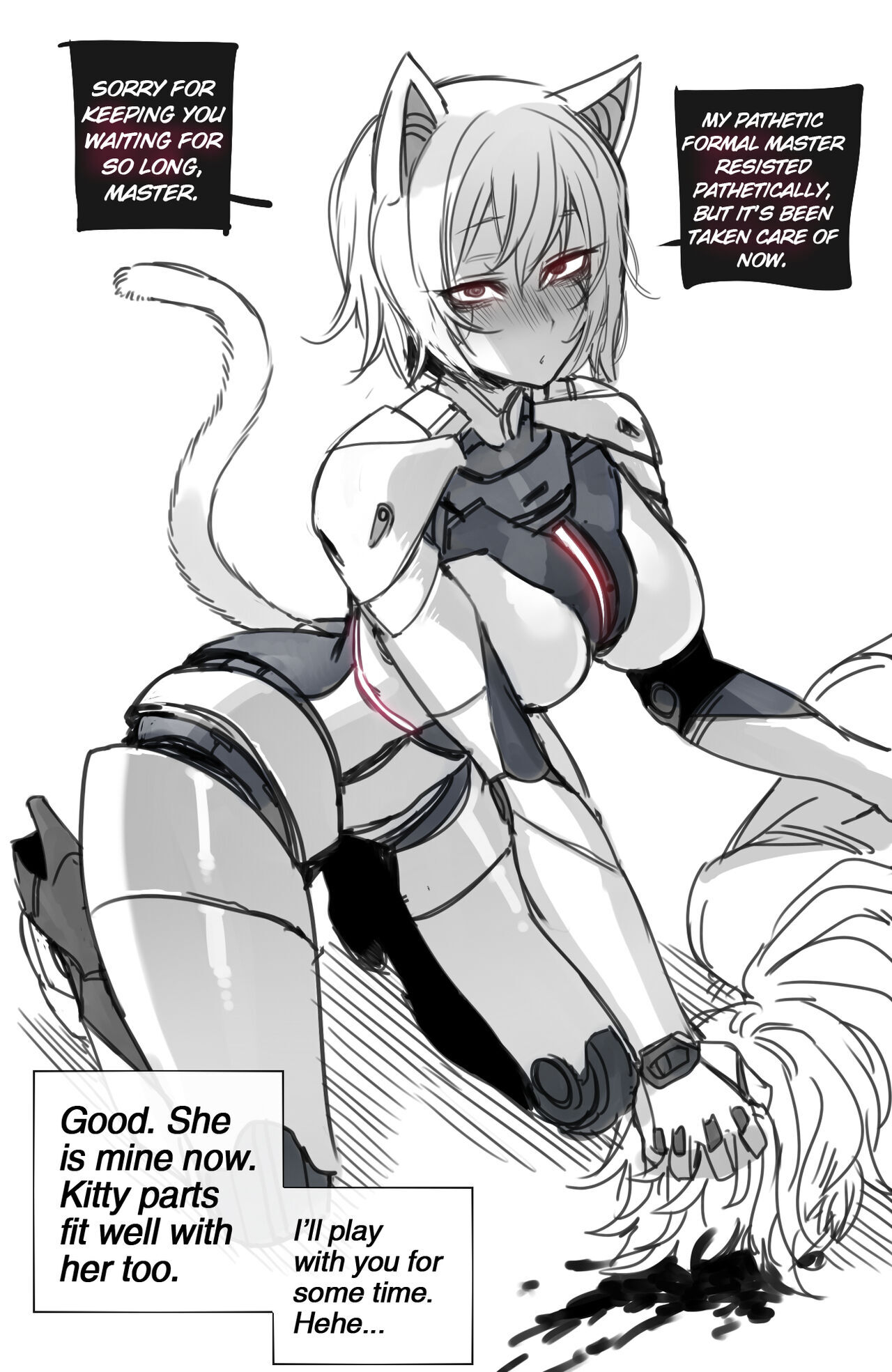 artificial intelligence, artificial vagina, blood stain, corrupted, corruption, curvy, curvy female, curvy figure, dead, death, female, gray skin, hacking, killing, monochrome, mr.skull, ntr, ratatatat74, red eyes, red glow, robot, robot girl, robot joints, submissive, submissive female, text, text bubble, virus, white background, white hair