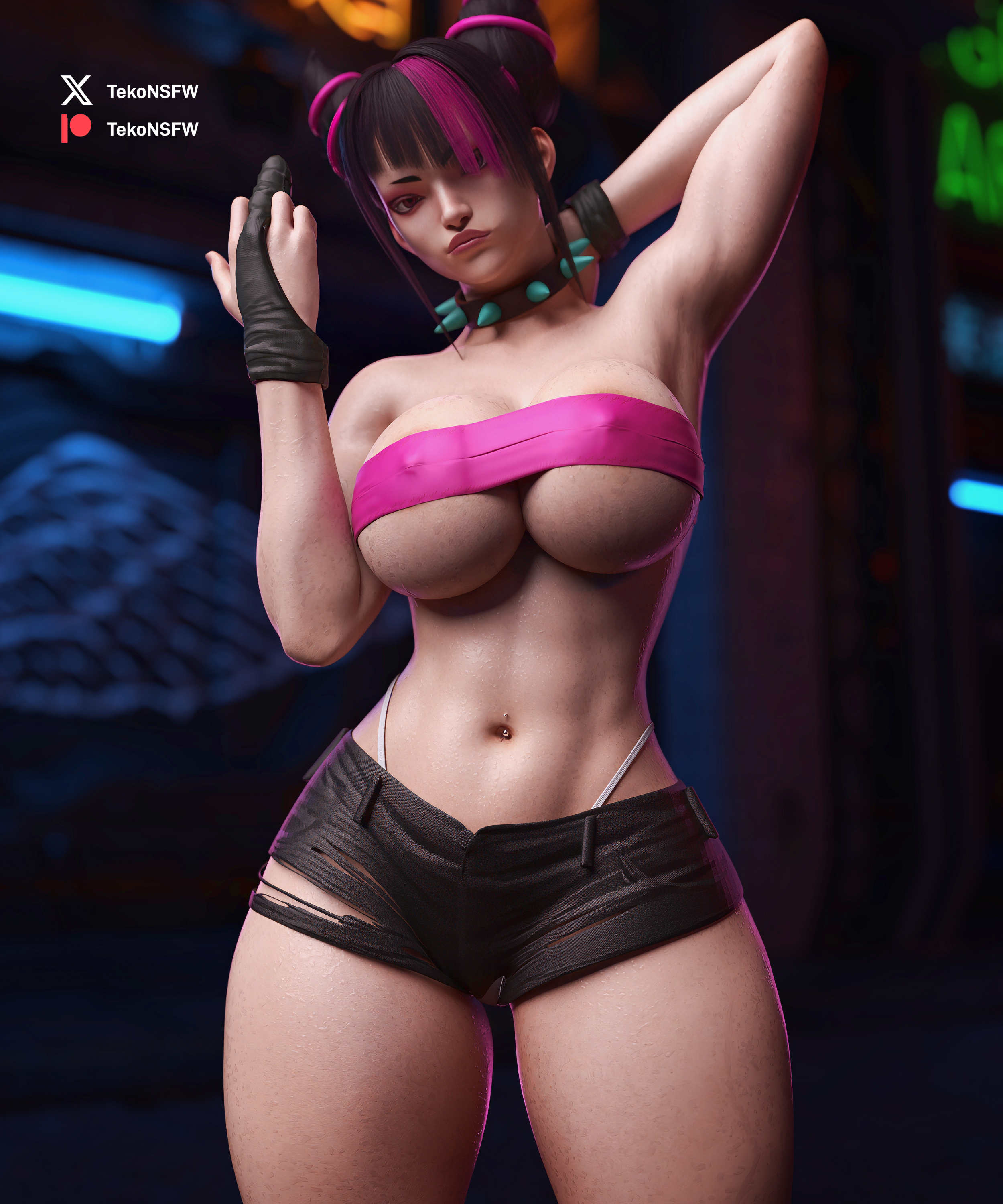 1girl, 1girls, 3d, asian, asian female, beach, big breasts, black hair, breasts, capcom, female, fighting game, front view, huge breasts, juri han, short shorts, skimpy, skimpy clothes, skimpy outfit, slutwear, standing, standing up, street fighter, street fighter 6, tagme, tekonsfw, twitter, video game character, video game franchise, video games, voluptuous