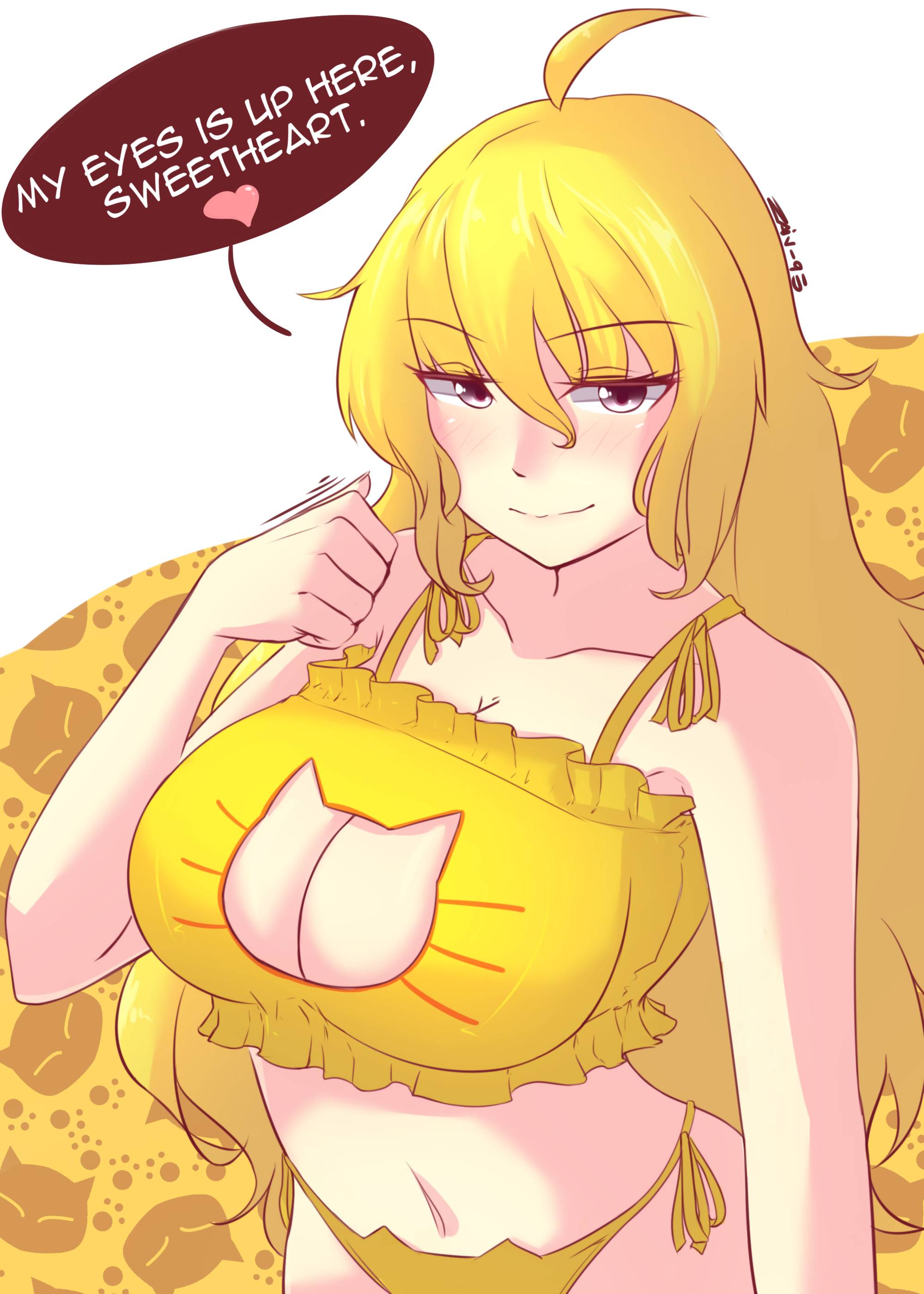 big breasts, blonde hair, breasts, cat keyhole bra, cleavage, female, female only, large breasts, long hair, looking at viewer, rwby, solo, speech bubble, text, yang xiao long, yellow eyes, z666ful