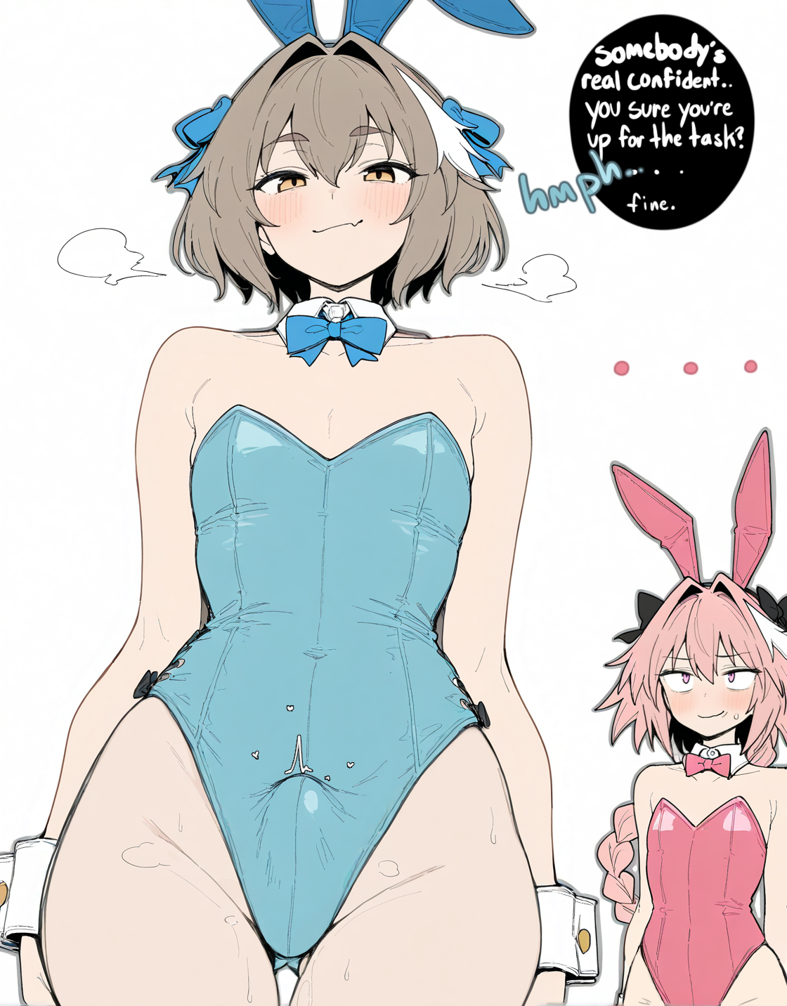 2boys, ai generated, animal ears, ass visible through thighs, astolfo (fate), bangs, bare shoulders, blue bow, blue bowtie, blue leotard, blush, bow, bowtie, braid, brown eyes, brown hair, bulge, closed mouth, cowboy shot, detached collar, english text, erection, erection under clothes, fake animal ears, fang, felix argyle, femboy, femboysub, gay, hair between eyes, hair bow, hair intakes, hair ribbon, leotard, long hair, looking at viewer, male focus, male only, male playboy bunny, multicolored hair, multiple boys, otoko no ko, pantyhose, picklepumper, pink hair, pink leotard, playboy bunny, rabbit ears, ribbon, short hair, simple background, single braid, skin fang, smile, speech bubble, strapless, strapless leotard, streaked hair, sweat, tagme, text, white background, wrist cuffs